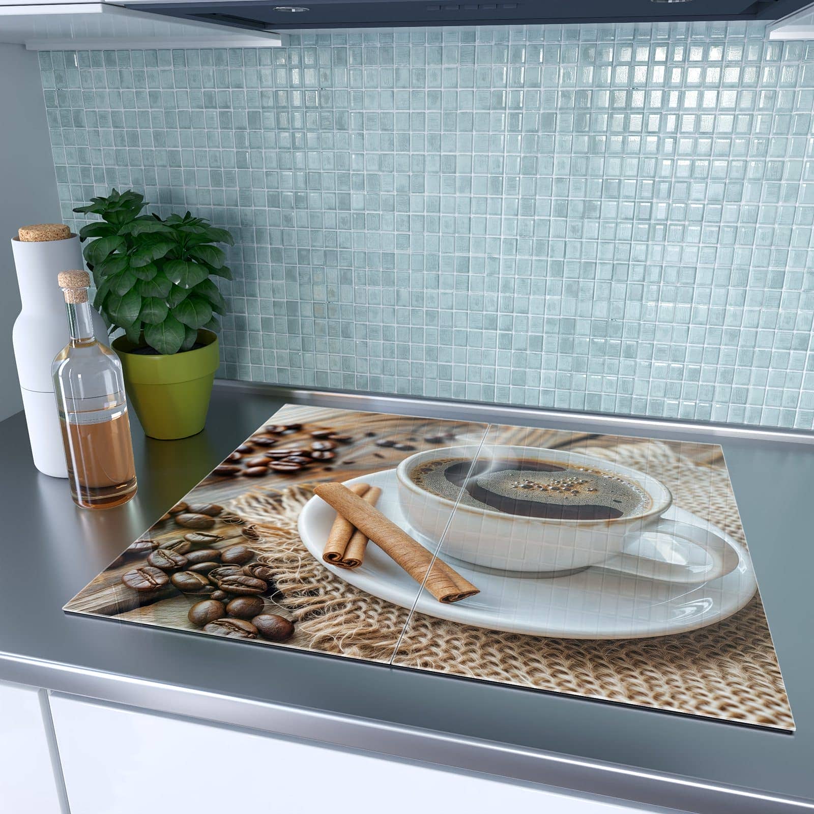 2-teilige Herdabdeckplatte mit Kaffee Zimt-Motiv auf dem Ceranfeld