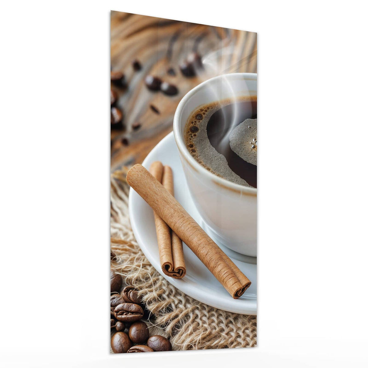 Glasbild Kaffee mit Zimtstangen von der Seite, 4 mm Echtglas