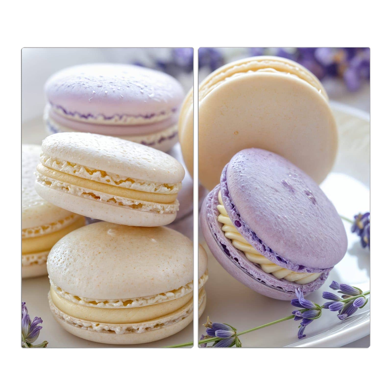 2-teilige Herdabdeckplatten für Ceranfeld mit Lavendel Macarons-Motiv in der Frontansicht #grösse_2-Teilig (60x52cm)