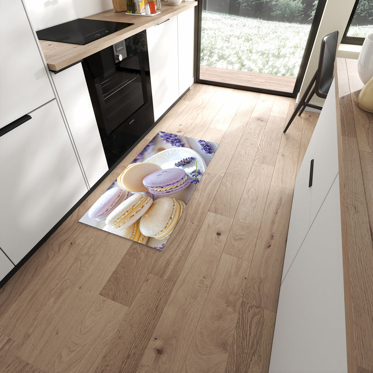 Pflegeleichter Küchenteppich mit Motiv Lavendel Macarons in moderner Küche #grösse_60 x 120 cm
