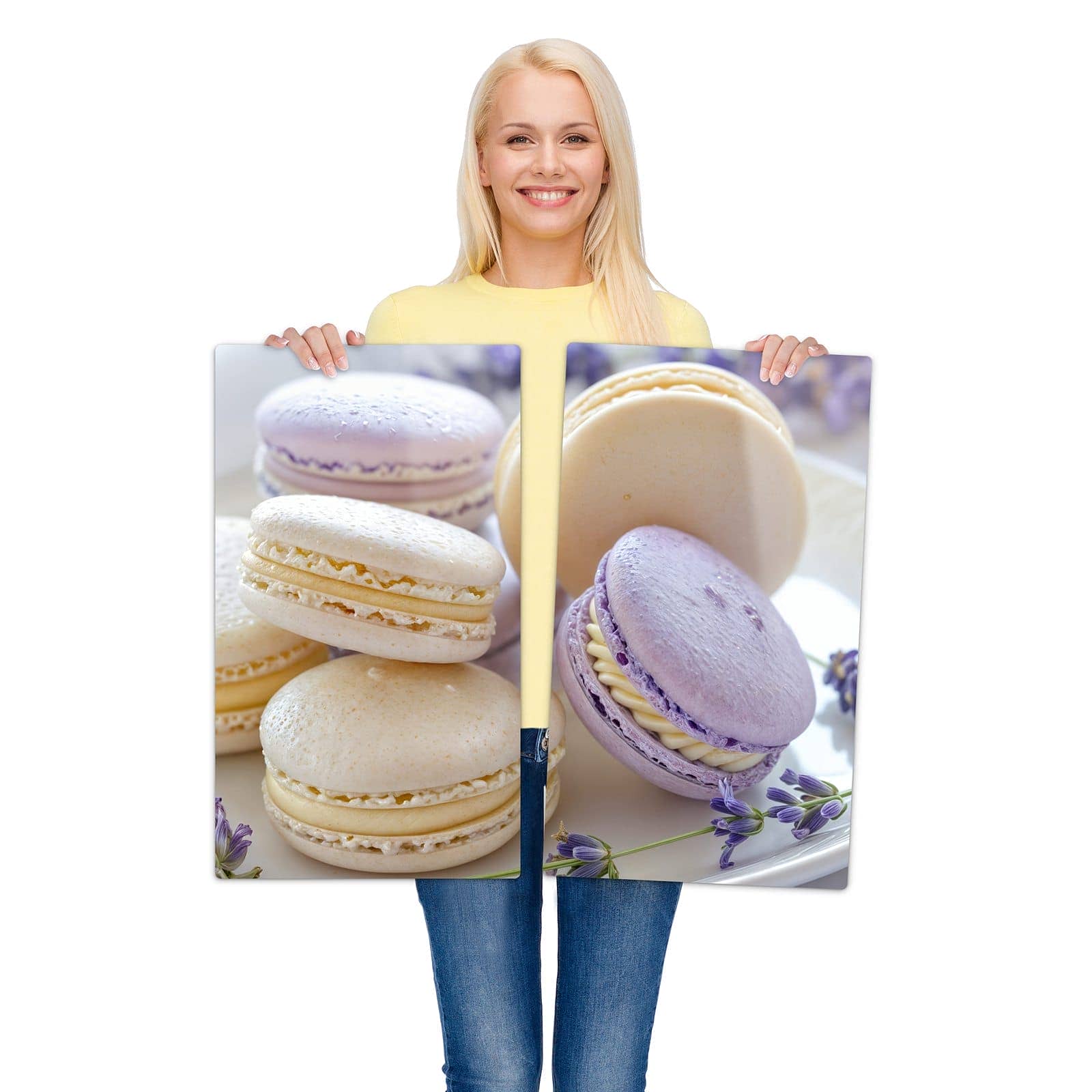 2-teilige Abdeckplatten für Herd mit Lavendel Macarons-Motiv wird zur Größendarstellung gehalten