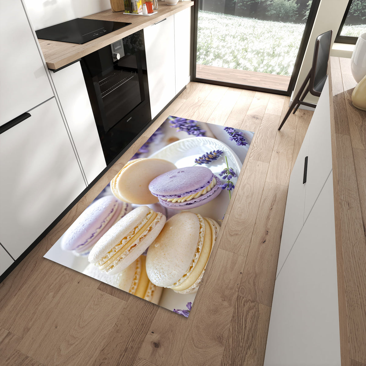 Farbbeständiger waschbarer Küchenläufer mit Motiv Lavendel Macarons in moderner Küche