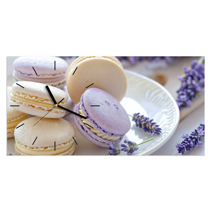 Wanduhr Lavendel Macarons aus Glas – Querformat 60 × 30 cm mit Ziffernblatt Linie