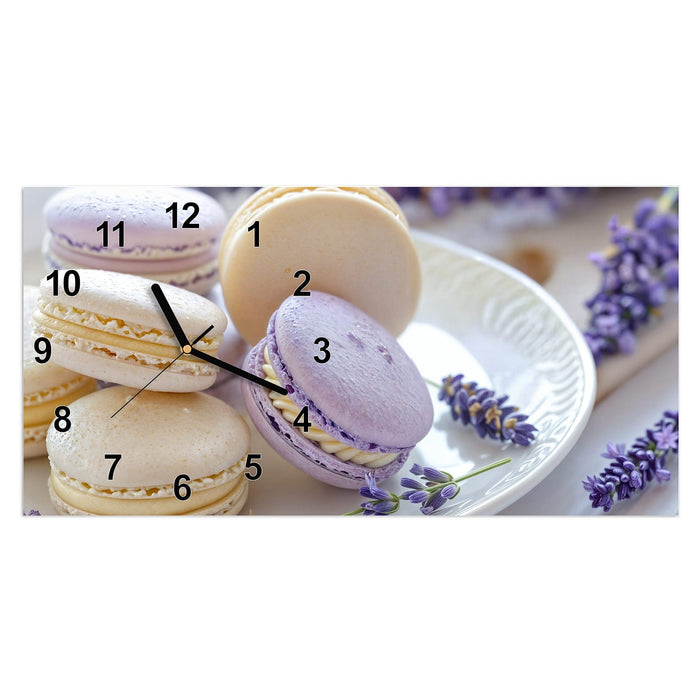 Wanduhr Lavendel Macarons aus Glas – Querformat 60 × 30 cm mit Ziffernblatt Modern