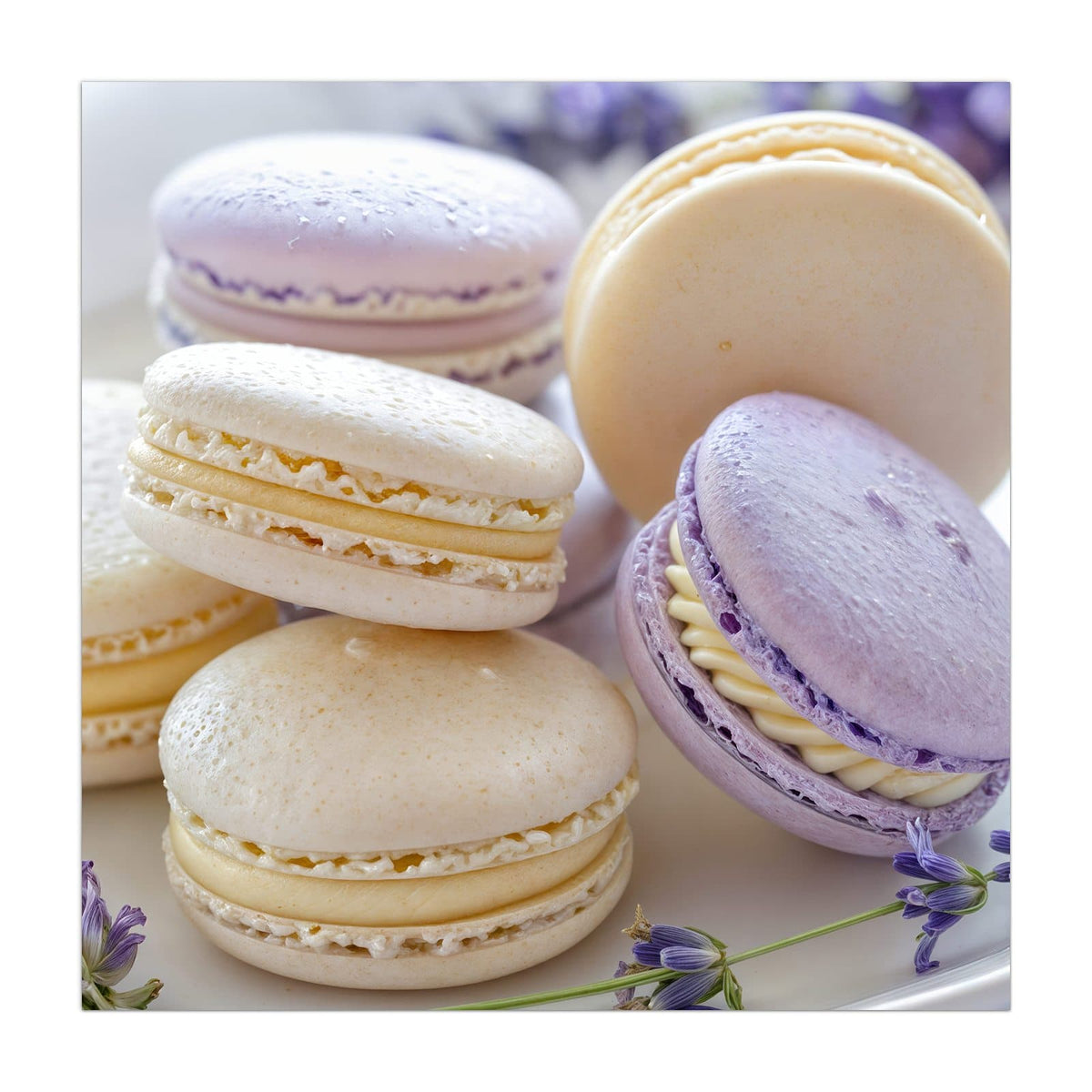 Küchenrückwand aus Glas Lavendel Macarons im quadratischen Format, Motiv bildfüllend von vorn #grösse_40 x 40 cm #grösse_50 x 50 cm #grösse_60 x 60 cm