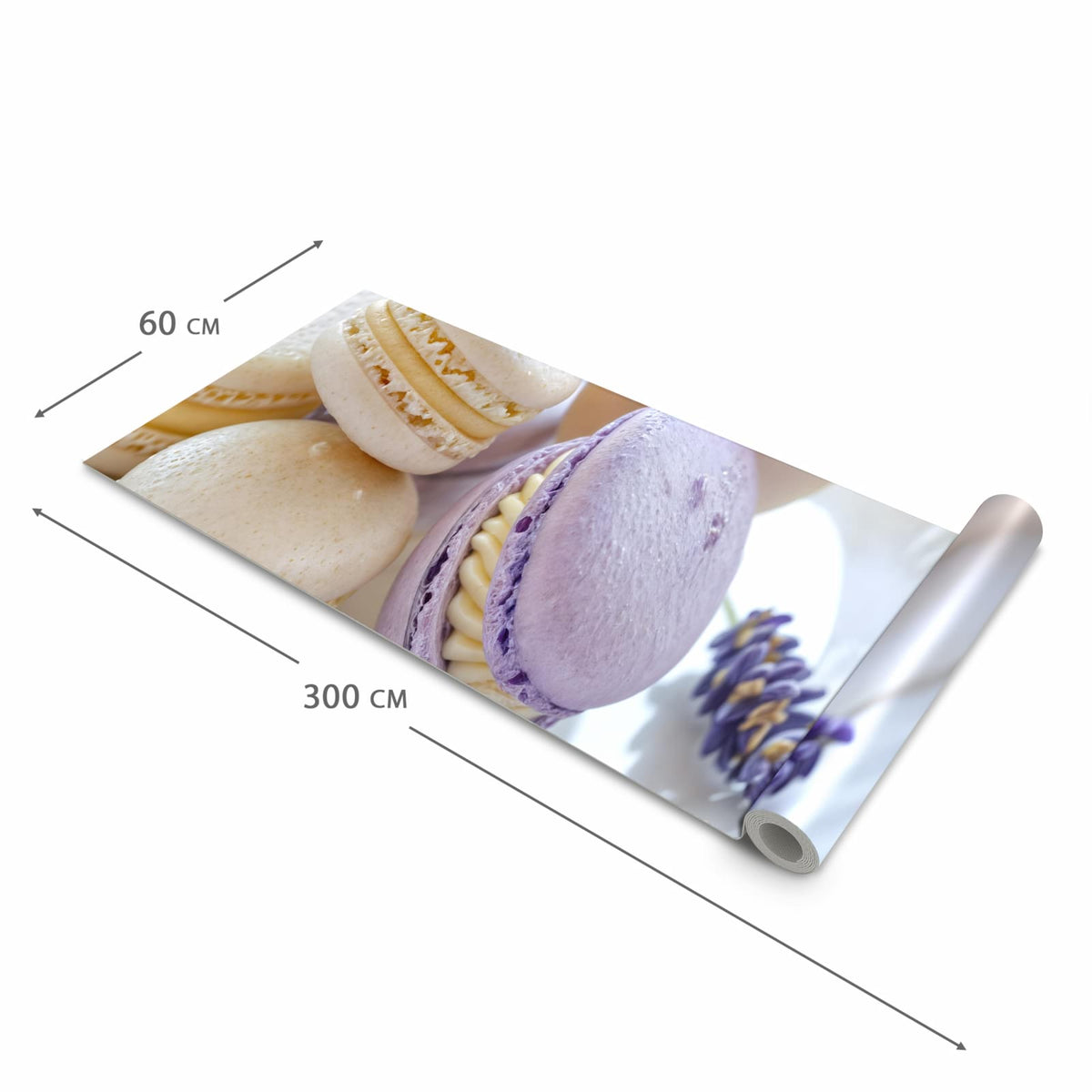 Fleckenresistenter Küchenläufer mit Motiv Lavendel Macarons in der Grösse 60x180 cm
