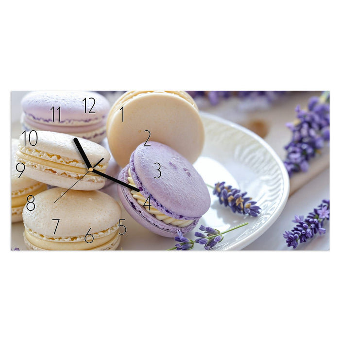 Wanduhr Lavendel Macarons aus Glas – Querformat 60 × 30 cm mit Ziffernblatt Elegant