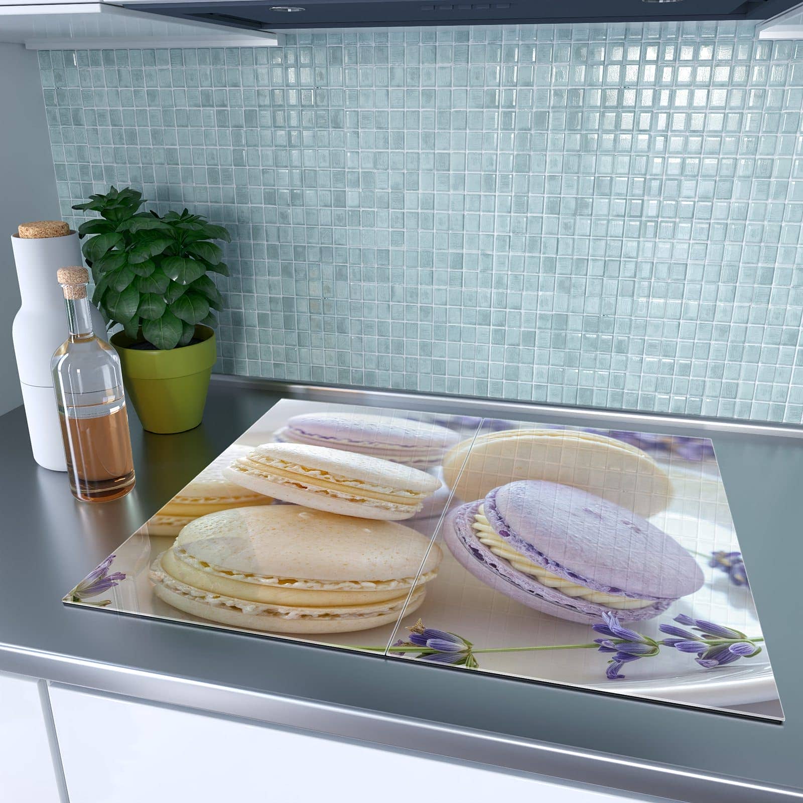 2-teilige Herdabdeckung für Induktionsfeld mit Lavendel Macarons-Motiv auf dem Ceranfeld