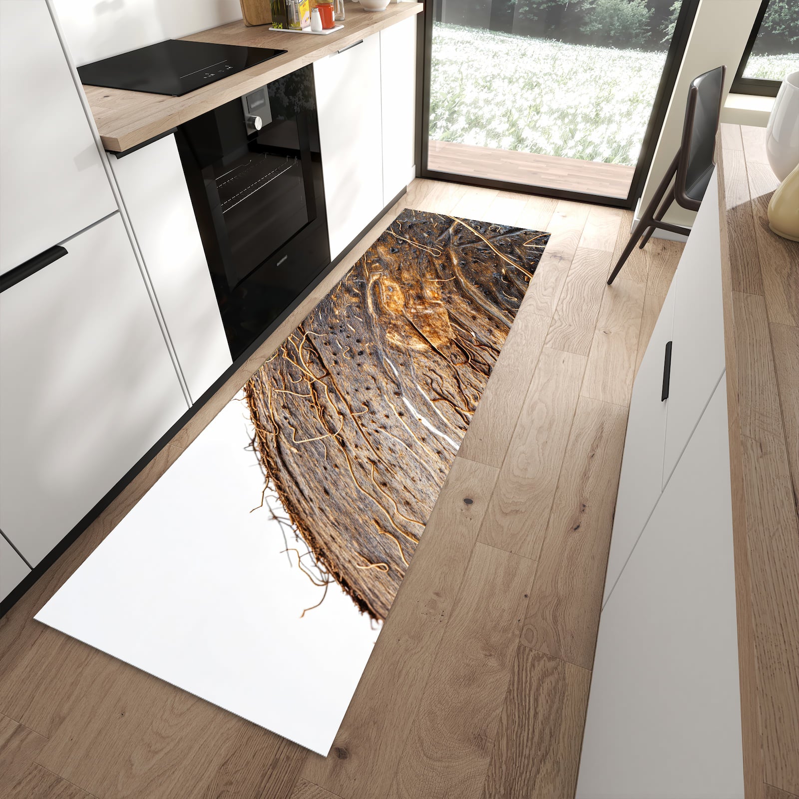 Langlebiger Küchenteppich mit Motiv Nuss Schale Detail in moderner Küche