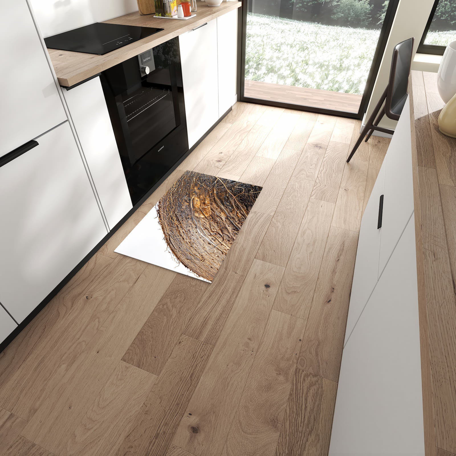 Schmutzabweisender Küchenläufer mit Motiv Nuss Schale Detail in moderner Küche