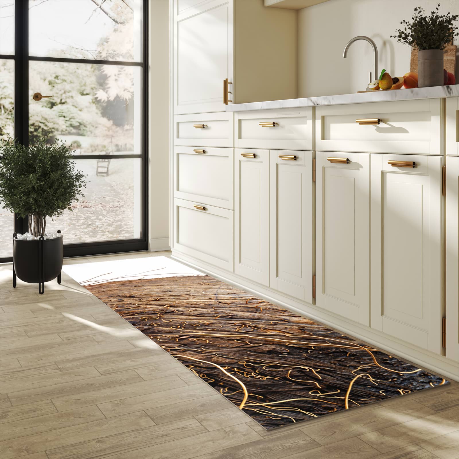 Strapazierfähiger Küchenteppich mit Motiv Nuss Schale Detail in heller Küche