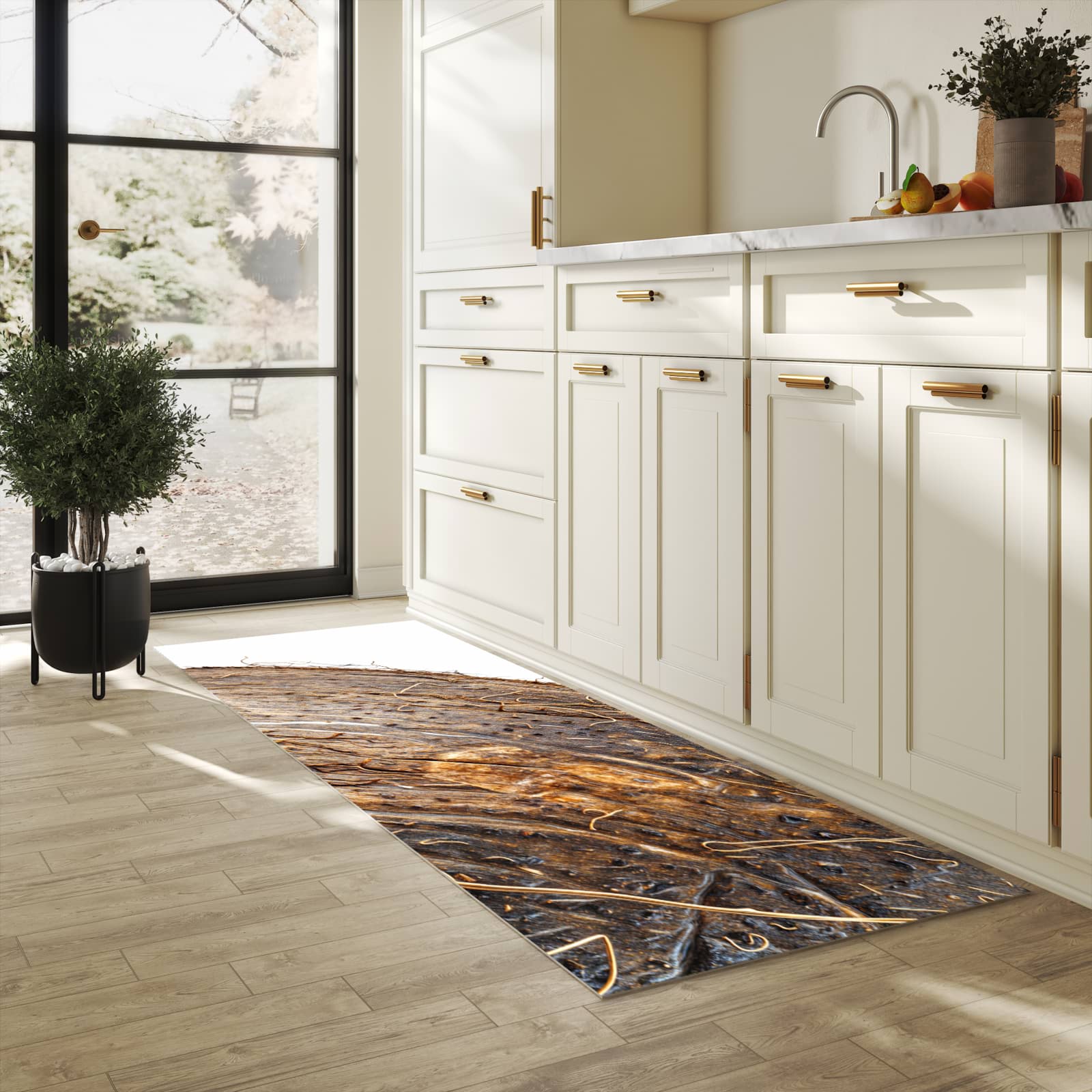 Hygienischer Küchenteppich mit Motiv Nuss Schale Detail in heller Küche