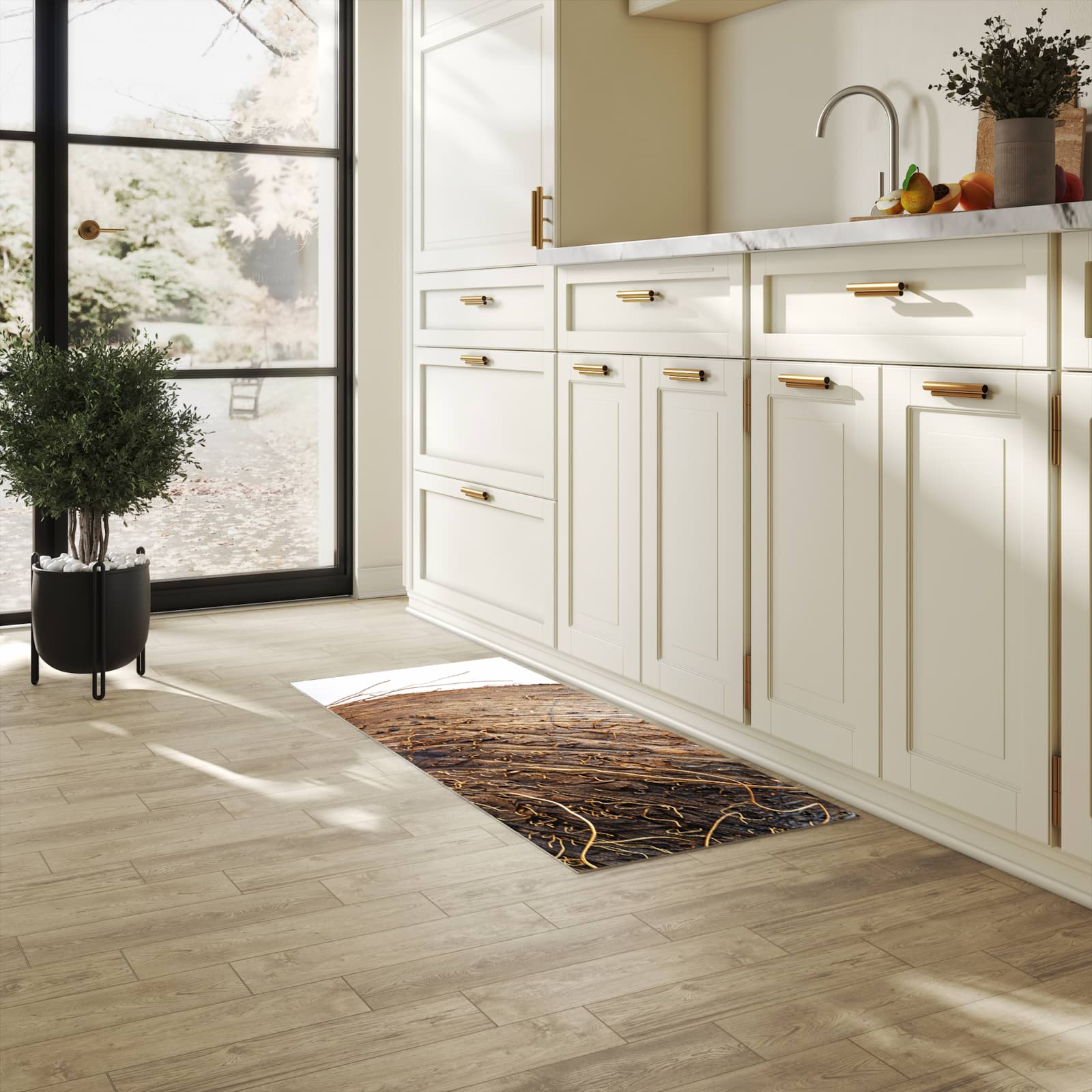 Langlebiger, waschbarer Küchenläufer mit Motiv Nuss Schale Detail in heller Küche