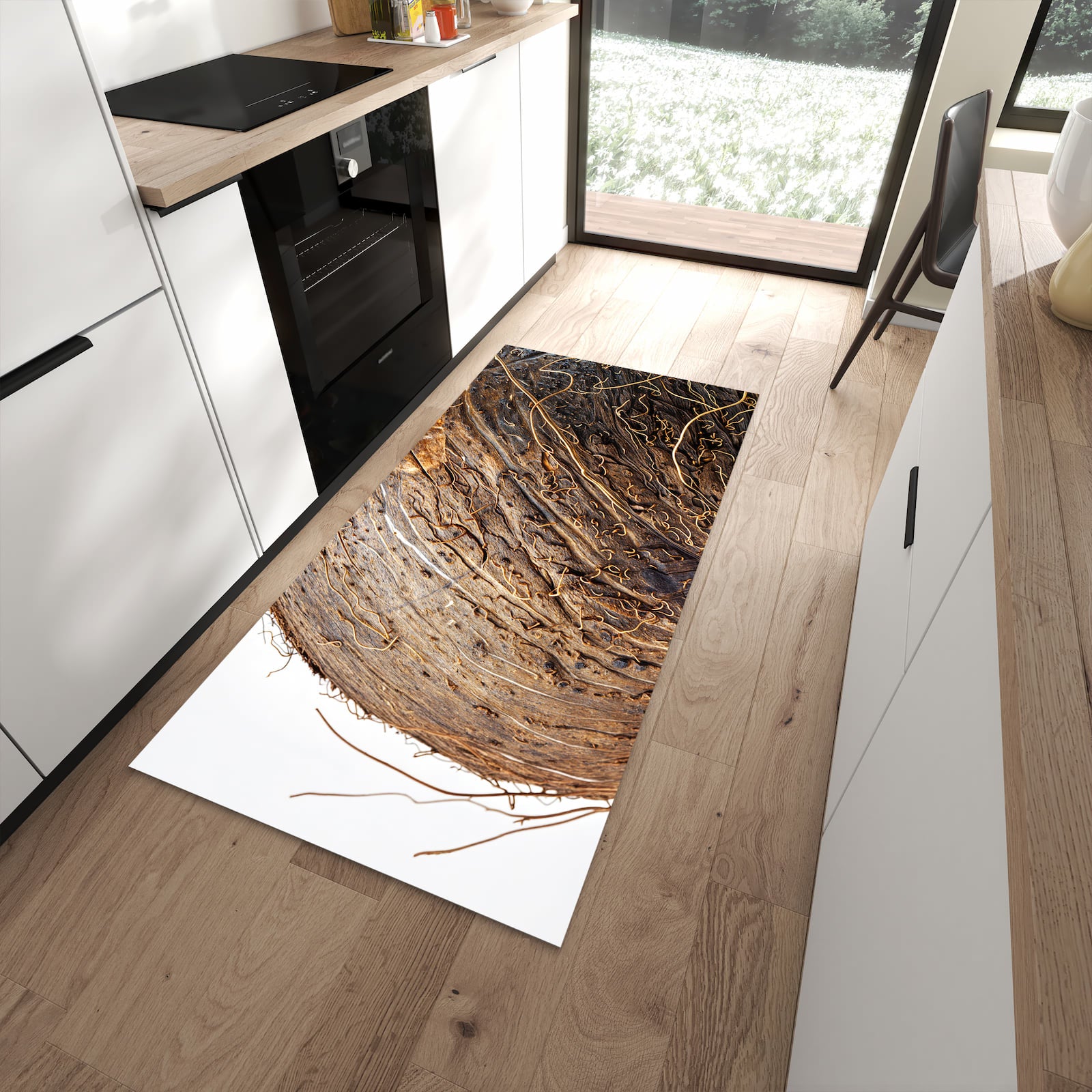 Komfortabler Küchenteppich mit Motiv Nuss Schale Detail in moderner Küche