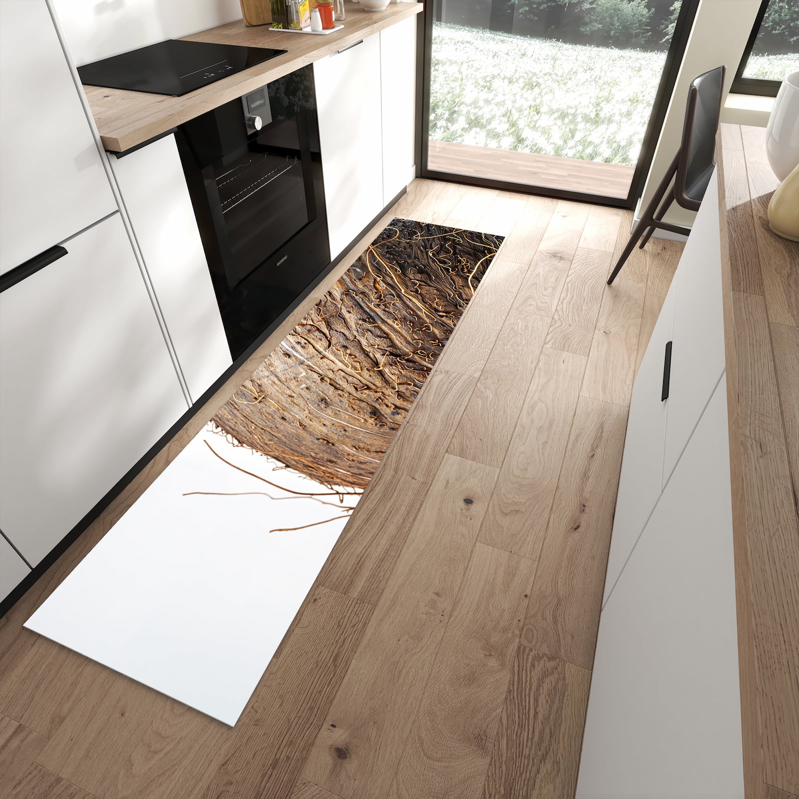 Komfortabler Küchenläufer mit Motiv Nuss Schale Detail in moderner Küche