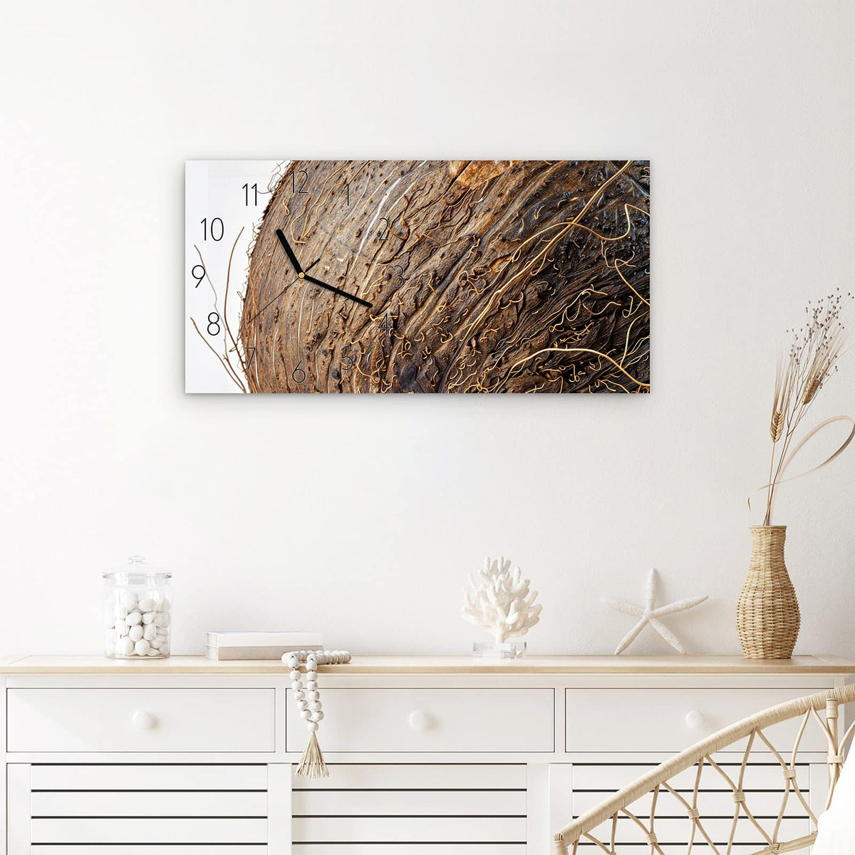 Wanduhr Nuss Schale Detail aus Glas – Querformat 60 × 30 cm – Faserige Kokosnussschale in Nahaufnahme