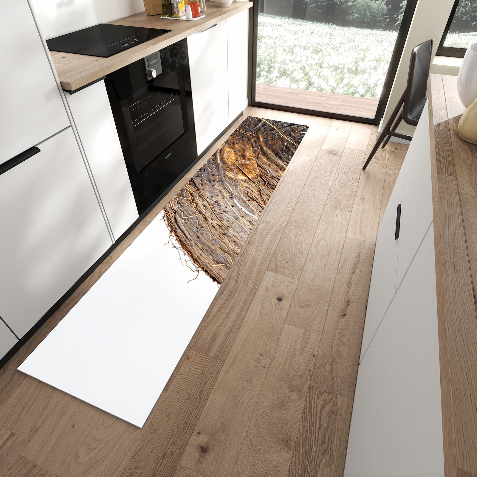 Wasserabweisender Küchenläufer mit Motiv Nuss Schale Detail in moderner Küche