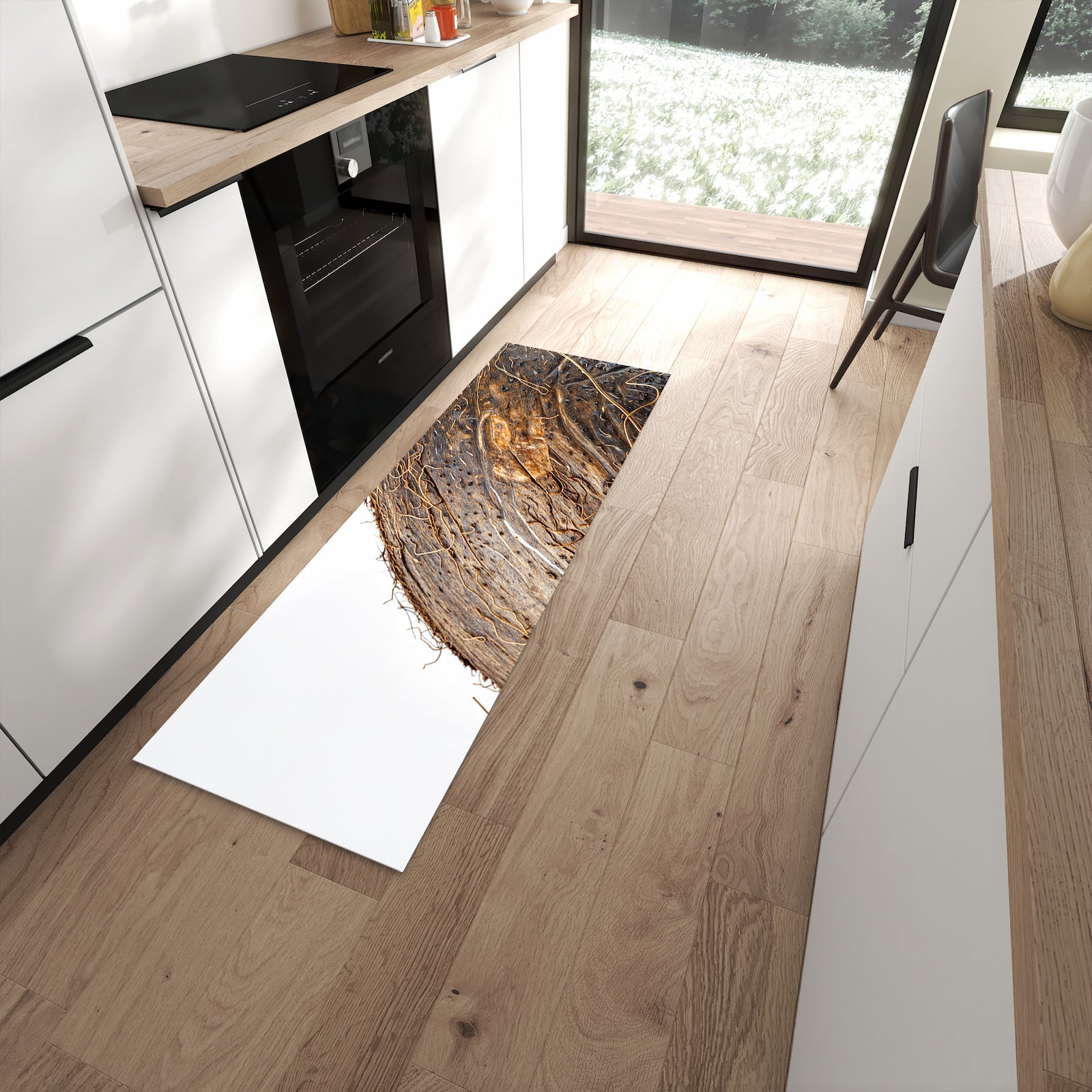 UV-beständiger Küchenläufer mit Motiv Nuss Schale Detail in moderner Küche - waschbar