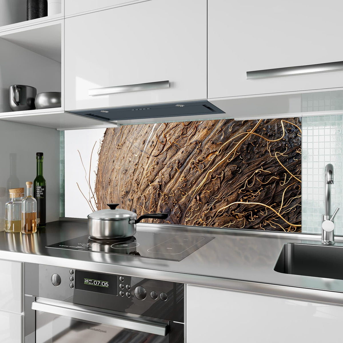 Küchenrückwand aus Glas Faserige Kokosschale im Hochformat als Spritzschutz hinter dem Kochfeld, über dem Fliesenspiegel montiert
