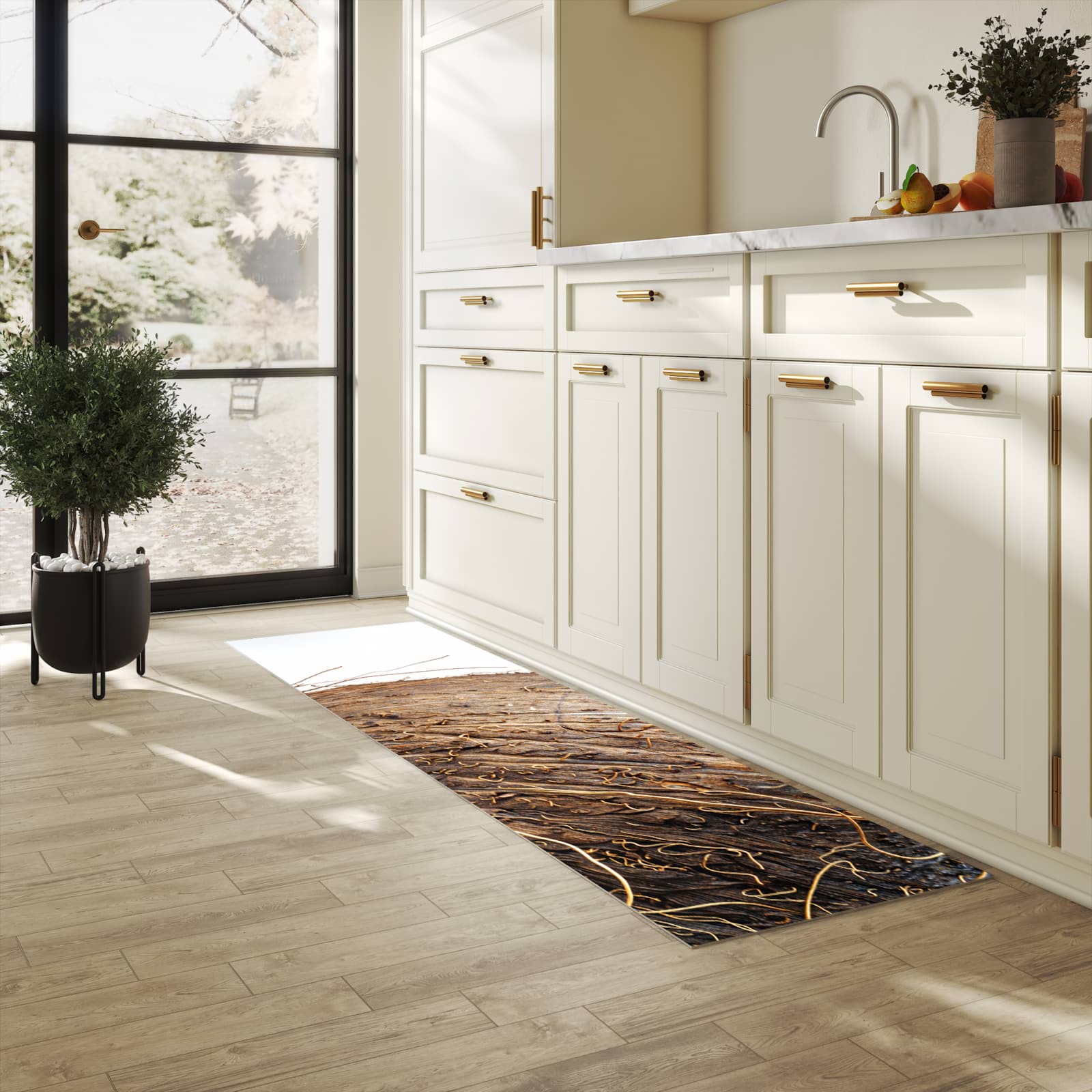 Pflegeleichter Küchenläufer mit Motiv Nuss Schale Detail in heller Küche