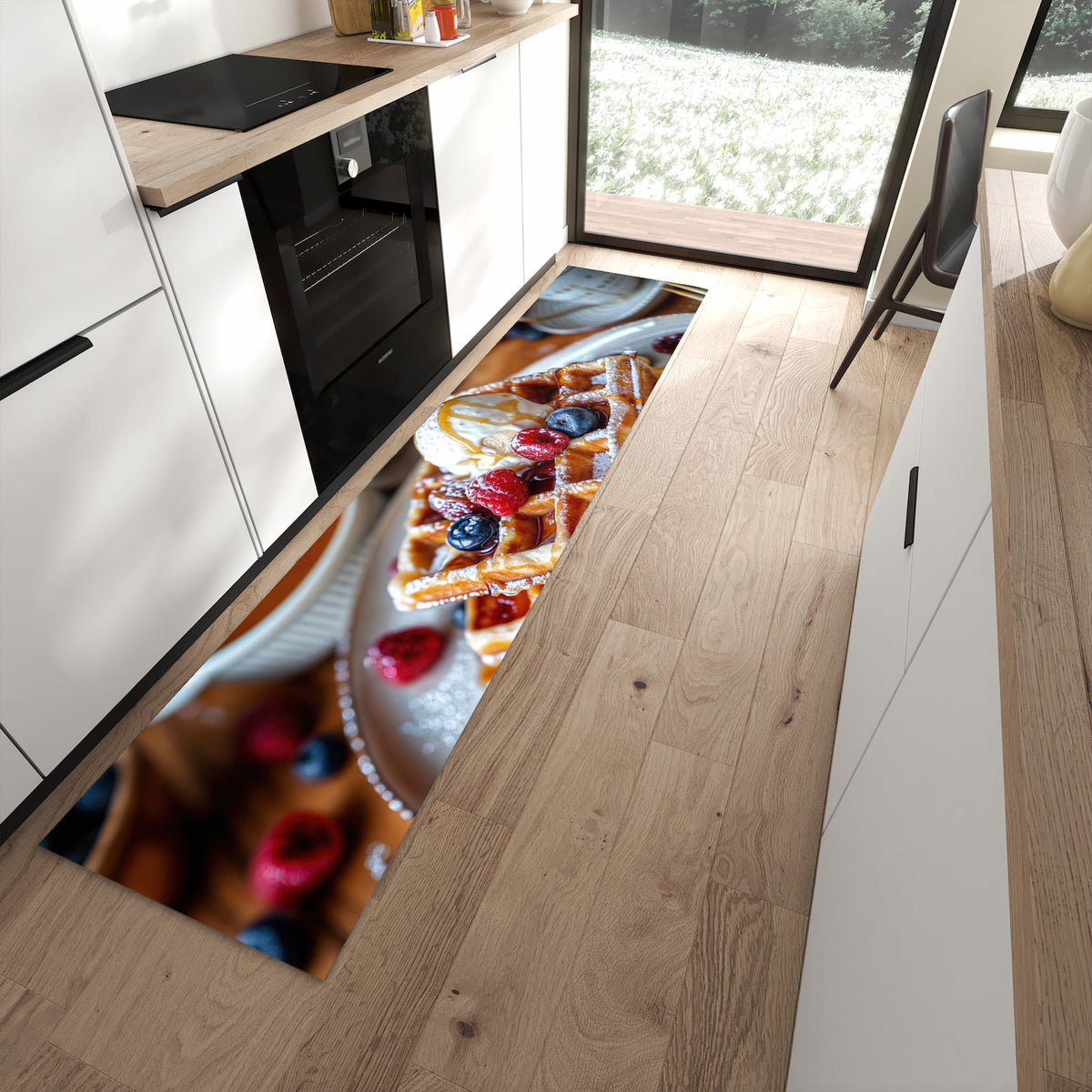 Rutschfester Küchenteppich mit Motiv Belgische Waffeln in moderner Küche
