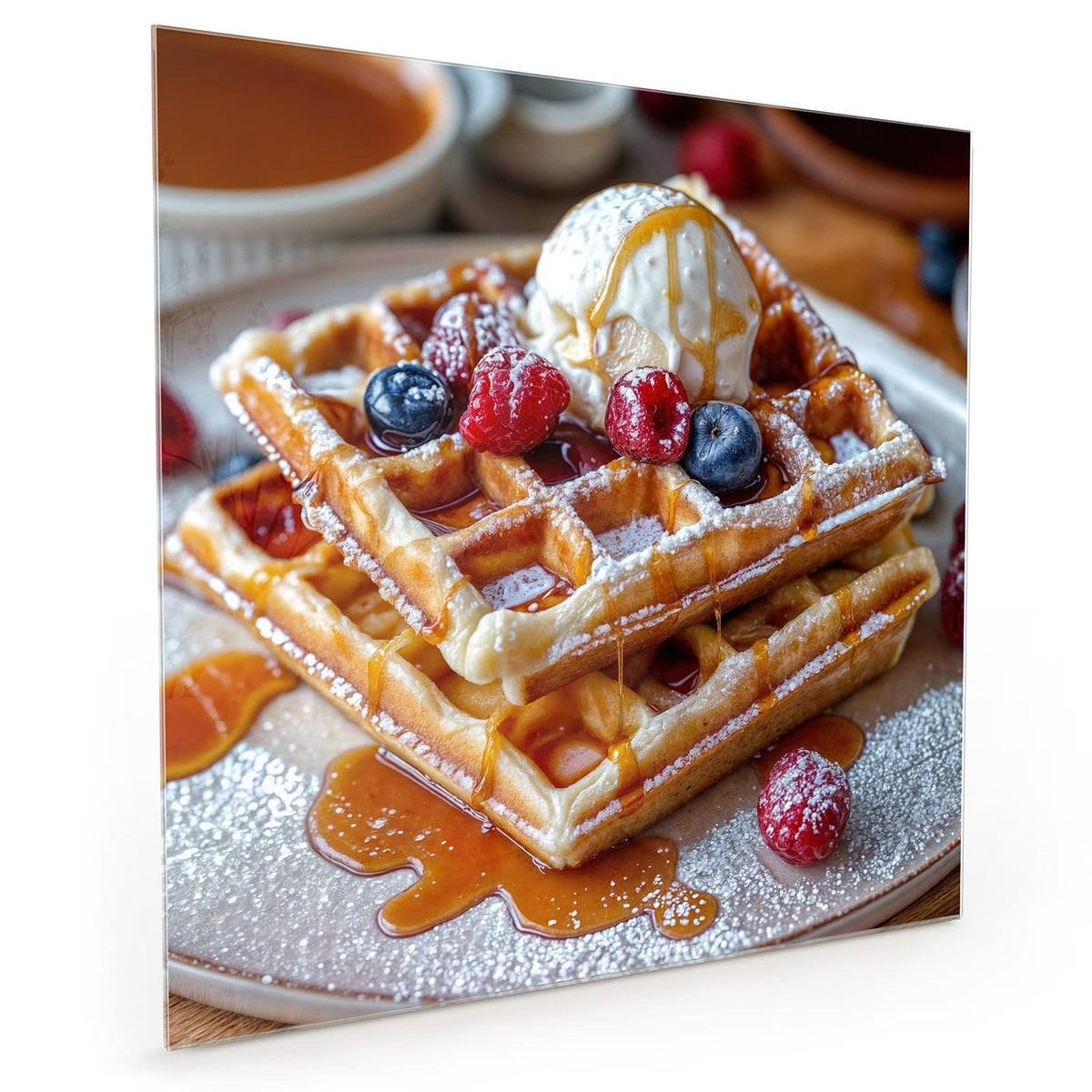 Küchenrückwand aus Glas im quadratischen Format mit Motiv Belgische Waffeln: Zwei dicke Waffeln mit Vanilleeis, Himbeeren, Blaubeeren #grösse_40 x 40 cm #grösse_50 x 50 cm #grösse_60 x 60 cm
