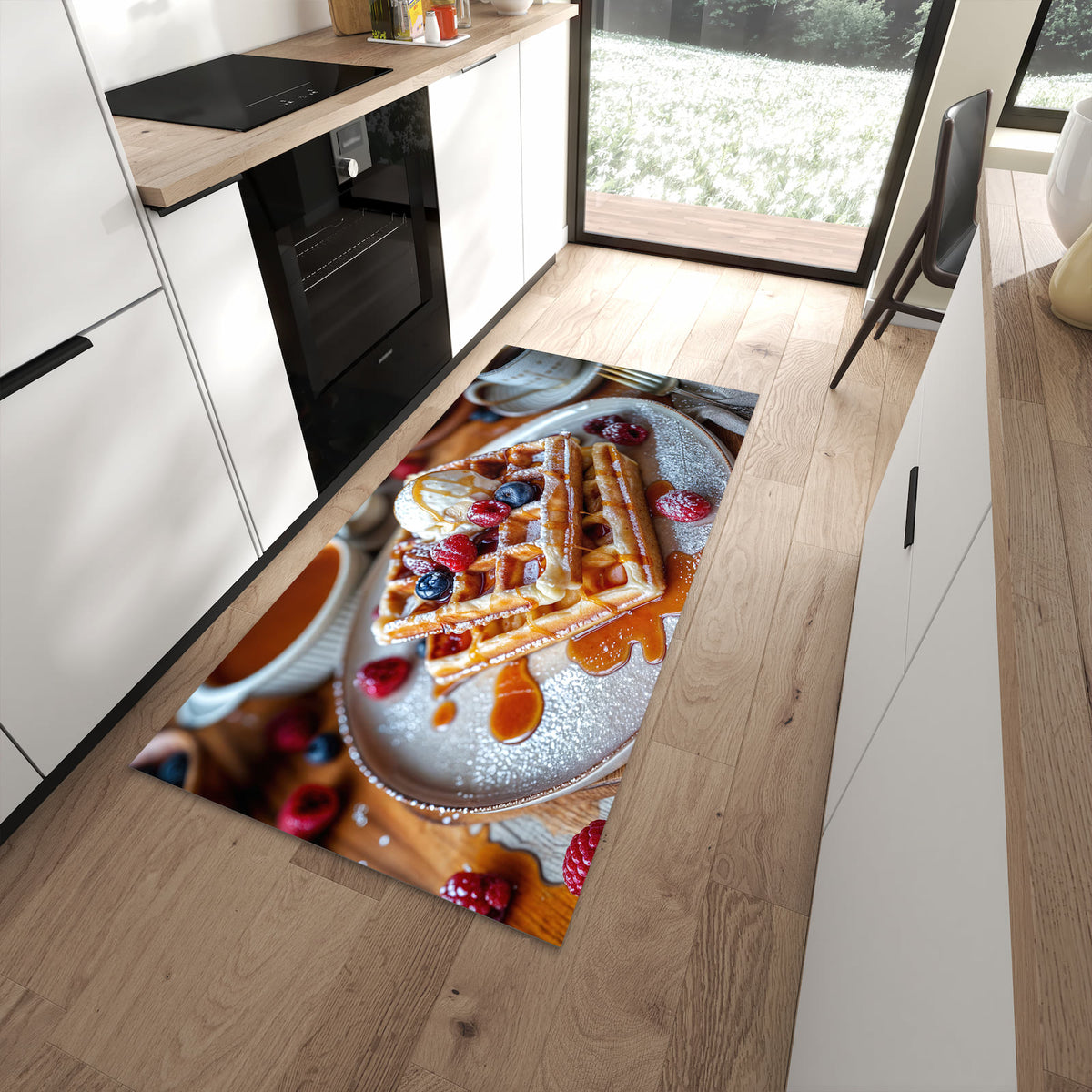 Waschbarer Küchenläufer mit Motiv Belgische Waffeln in moderner Küche für sicheres Aufbewahren