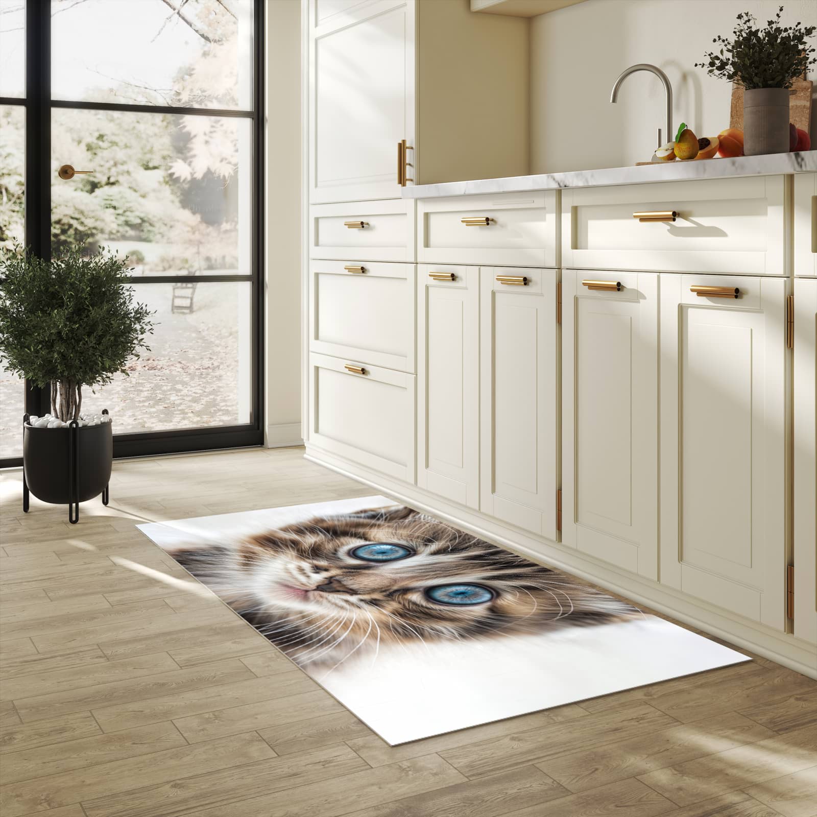 Feuchtigkeitsresistenter Küchenteppich mit Motiv Blaue Augen Kätzchen in heller Küche
