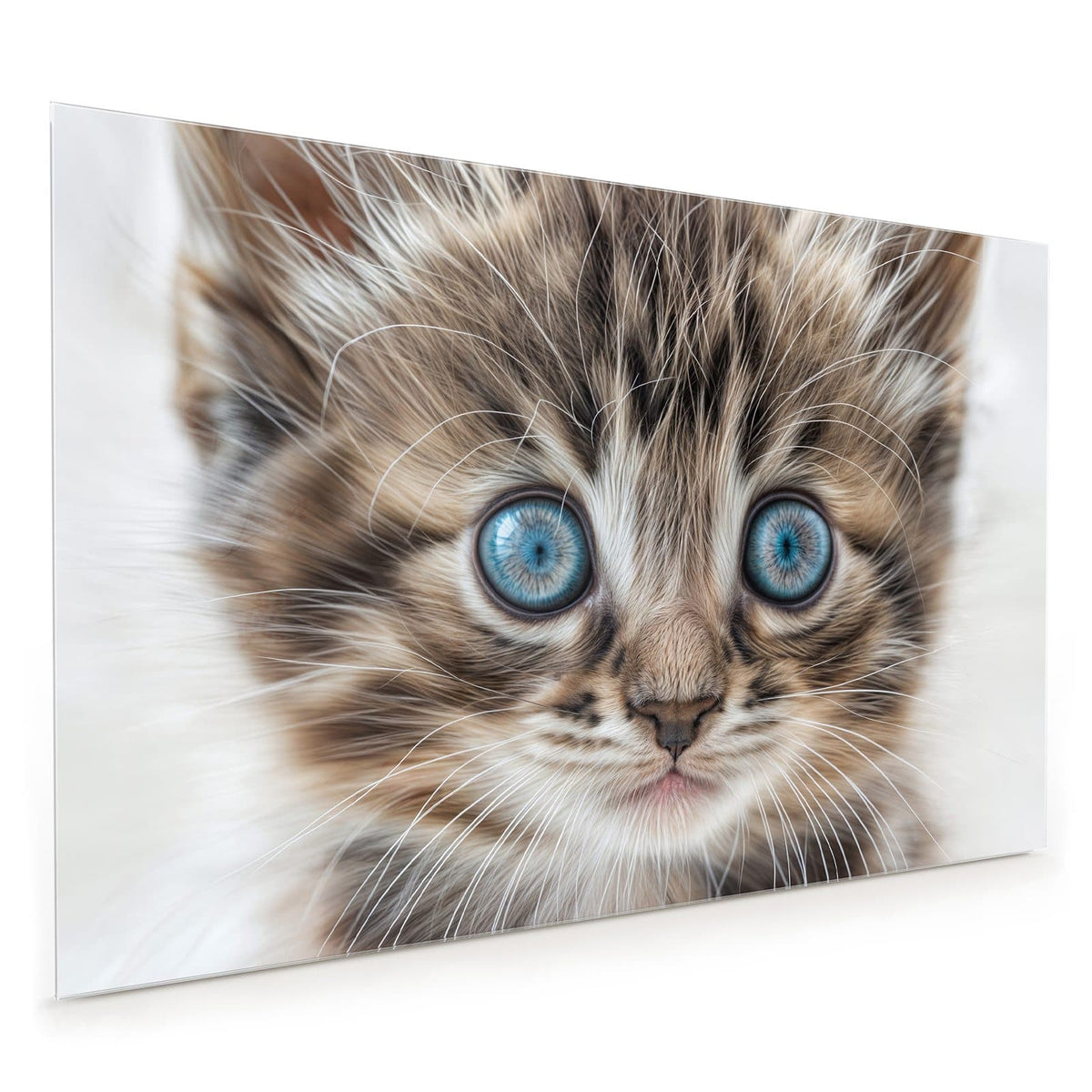 Küchenrückwand aus Glas im Hochformat mit Motiv Blauäugiges Kätzchen: Getigertes Kätzchen frontal, große hellblaue Augen, helles Fell