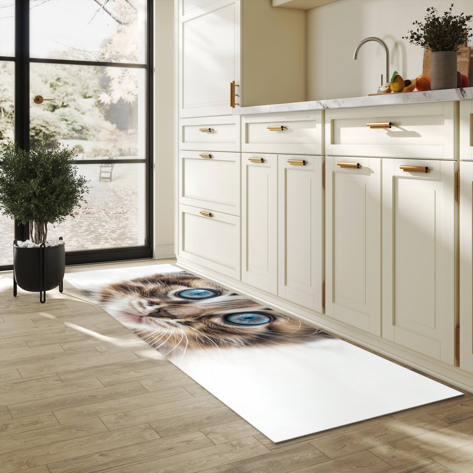 Langlebiger Küchenläufer mit Motiv Blaue Augen Kätzchen in heller Küche