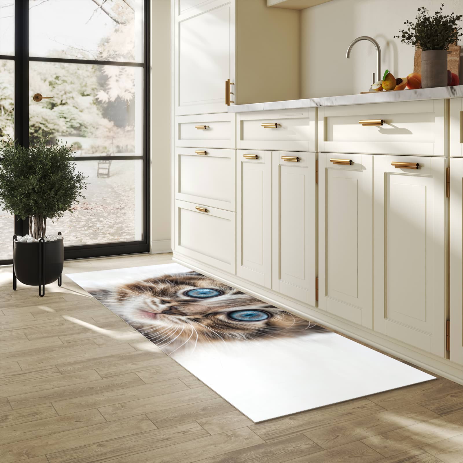 Waschbarer Küchenteppich mit Motiv Blaue Augen Kätzchen in heller Küche