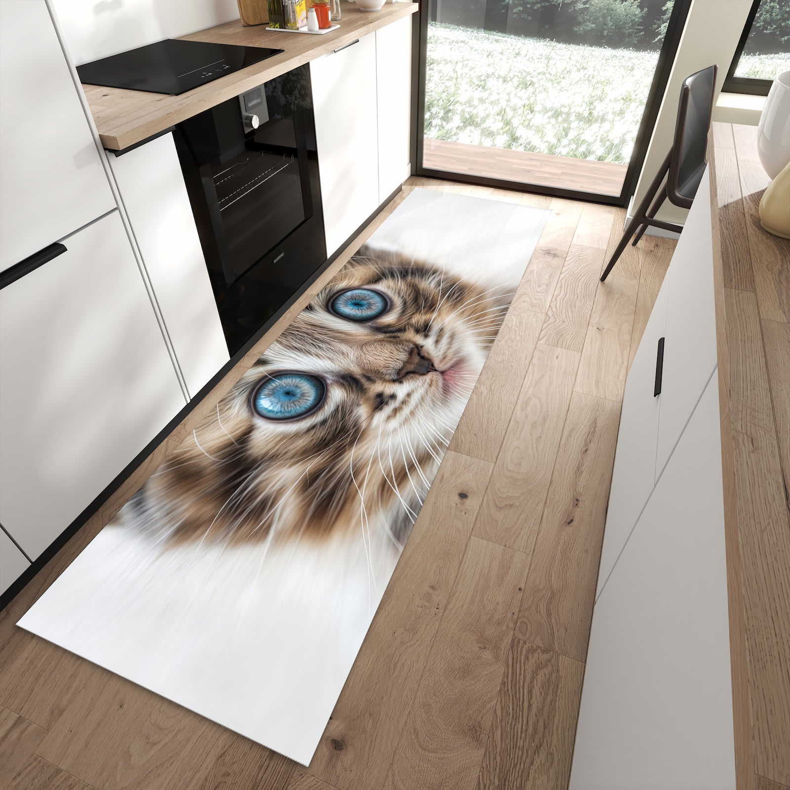 Komfortabler waschbarer Küchenteppich mit Motiv Blaue Augen Kätzchen in moderner Küche