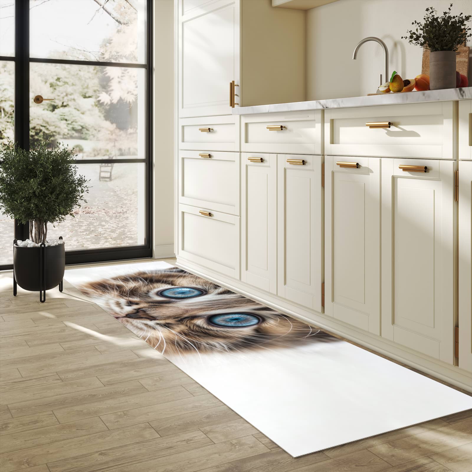 Rutschfester Küchenteppich mit Motiv Blaue Augen Kätzchen in heller Küche