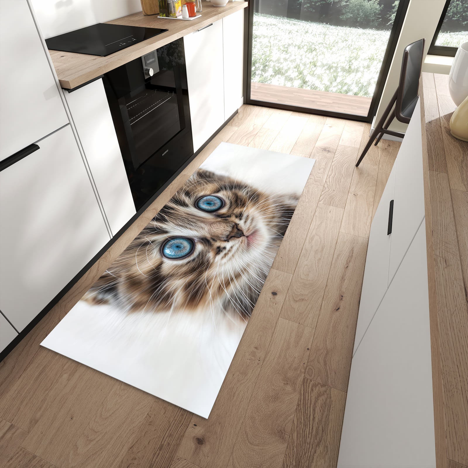 Flacher Bodenläufer mit Motiv Blaue Augen Kätzchen in moderner Küche