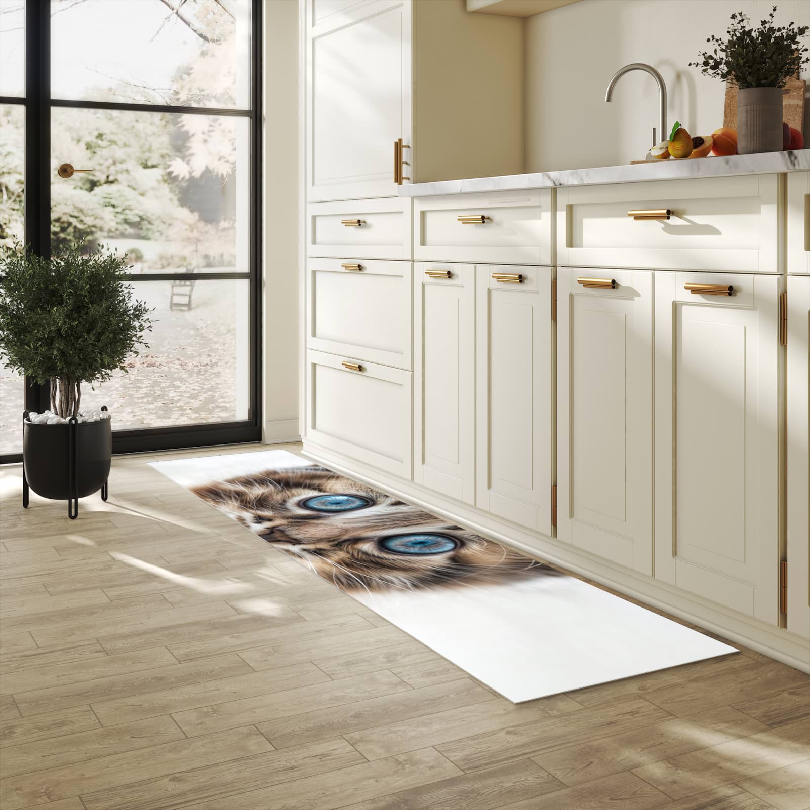 Pflegeleichter rutschfester Küchenteppich mit Motiv Blaue Augen Kätzchen in heller Küche
