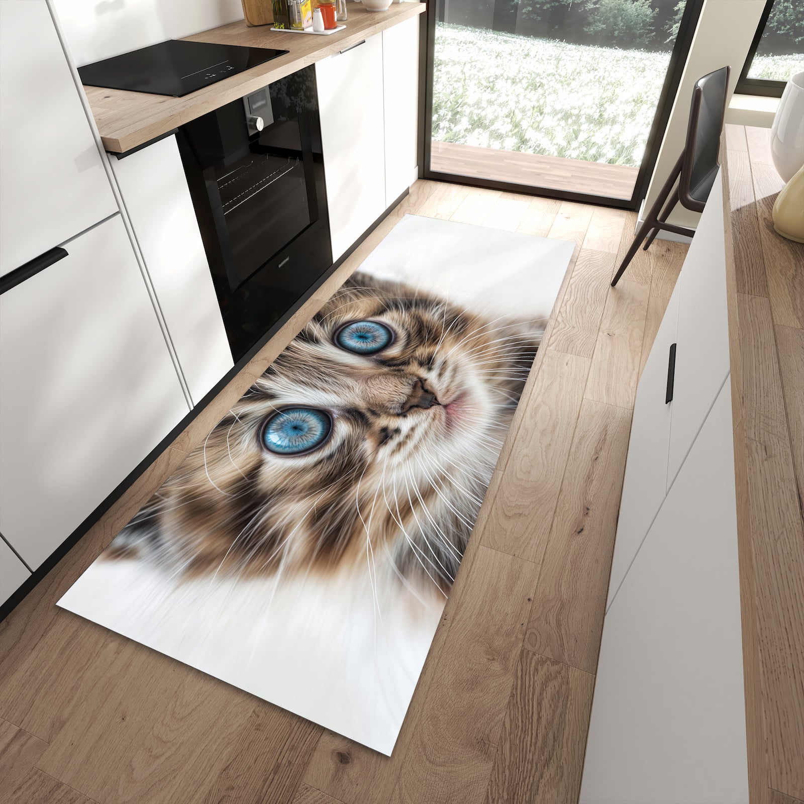 Küchenteppich mit Motiv Blaue Augen Kätzchen für angenehme Haptik in moderner Küche