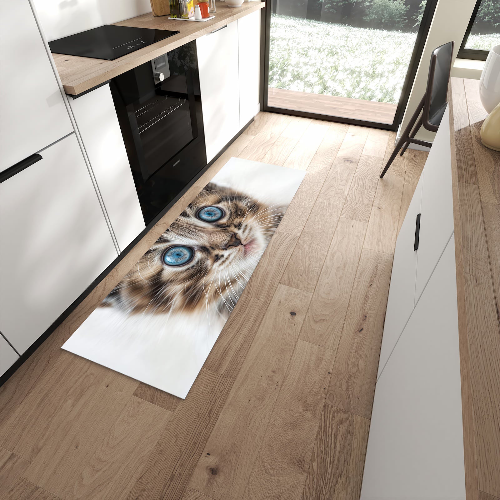 Waschbarer dünner Küchenteppich mit Motiv Blaue Augen Kätzchen in moderner Küche