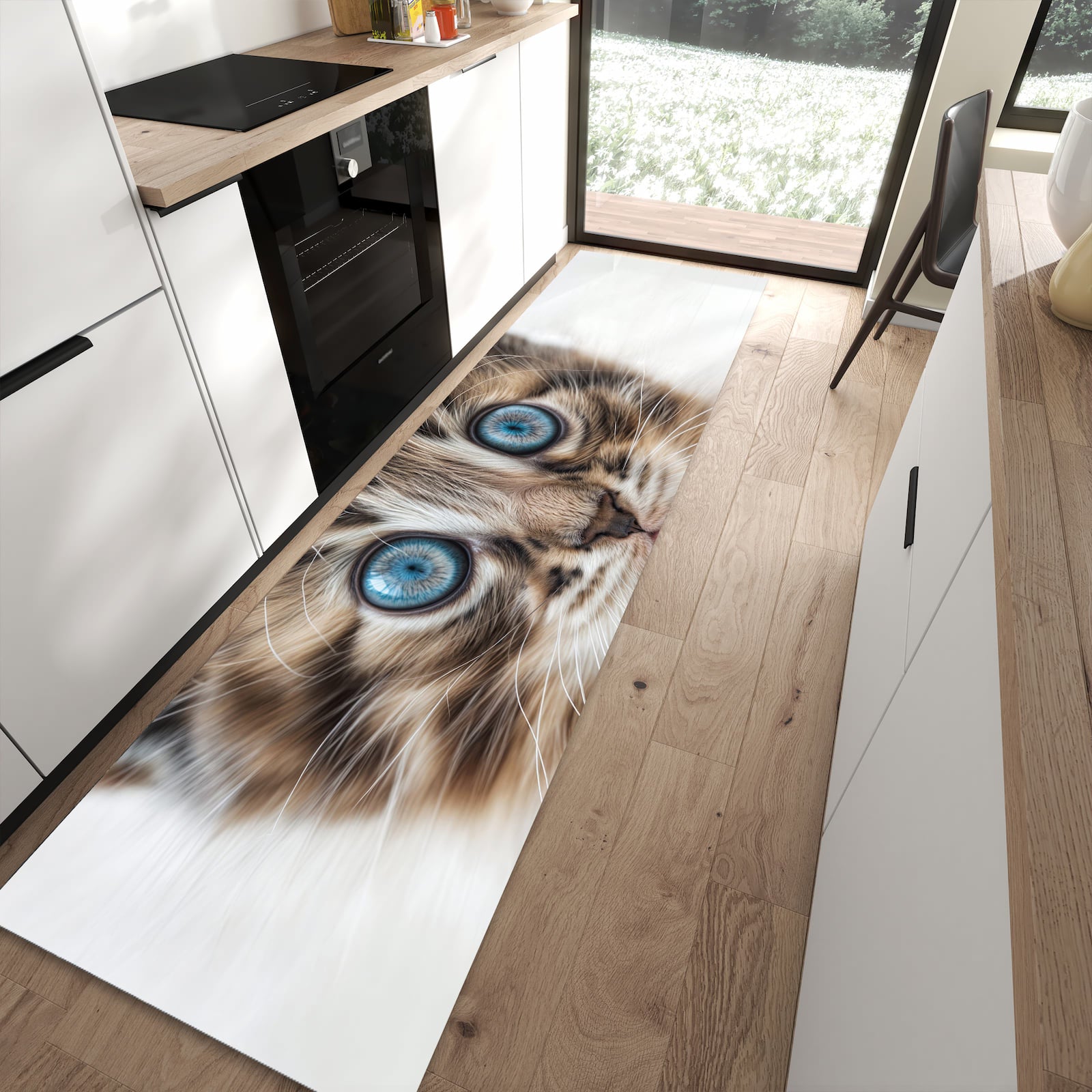 Rutschfester Küchenläufer mit Motiv Blaue Augen Kätzchen in moderner Küche