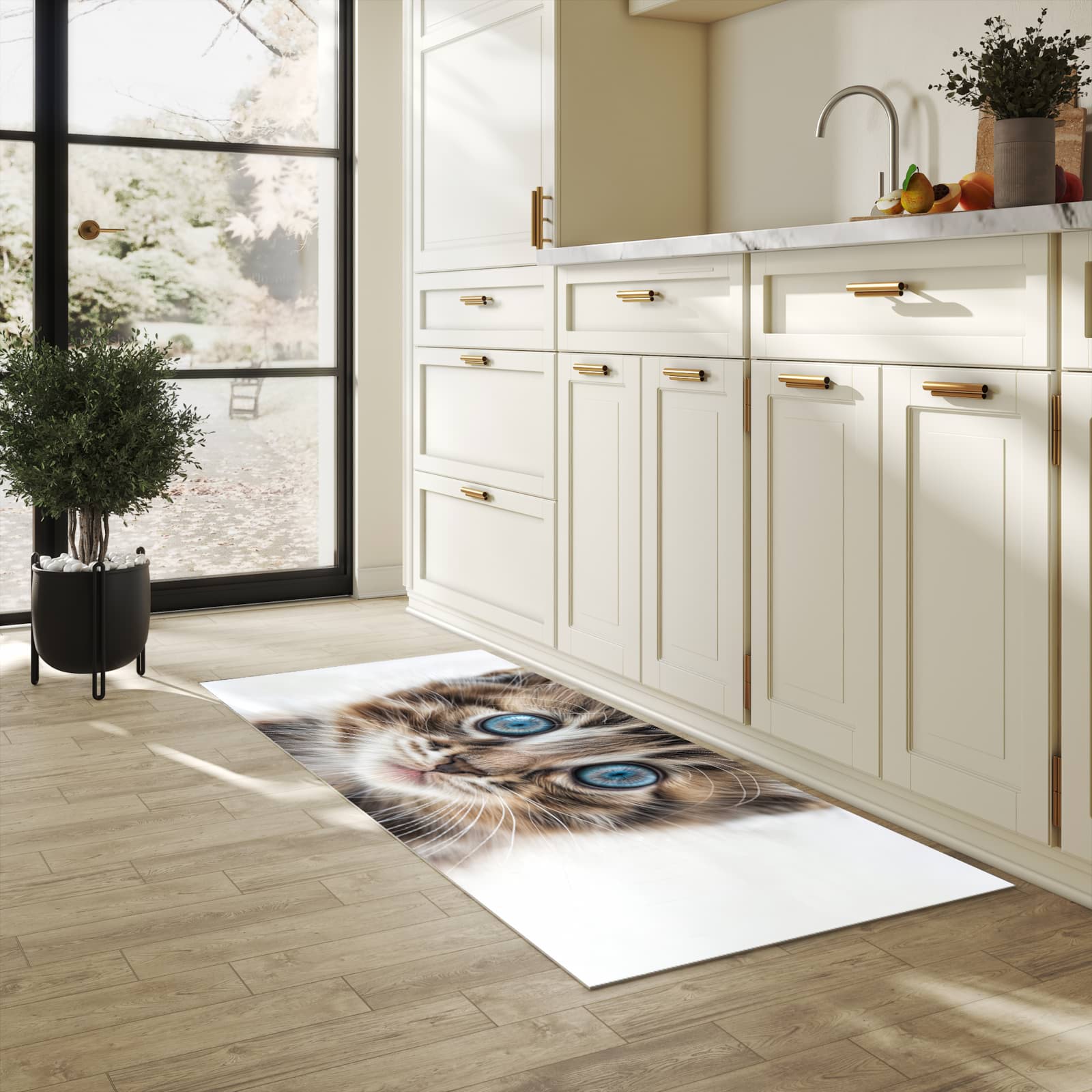 Strapazierfähiger Küchenteppich mit Motiv Blaue Augen Kätzchen in heller Küche