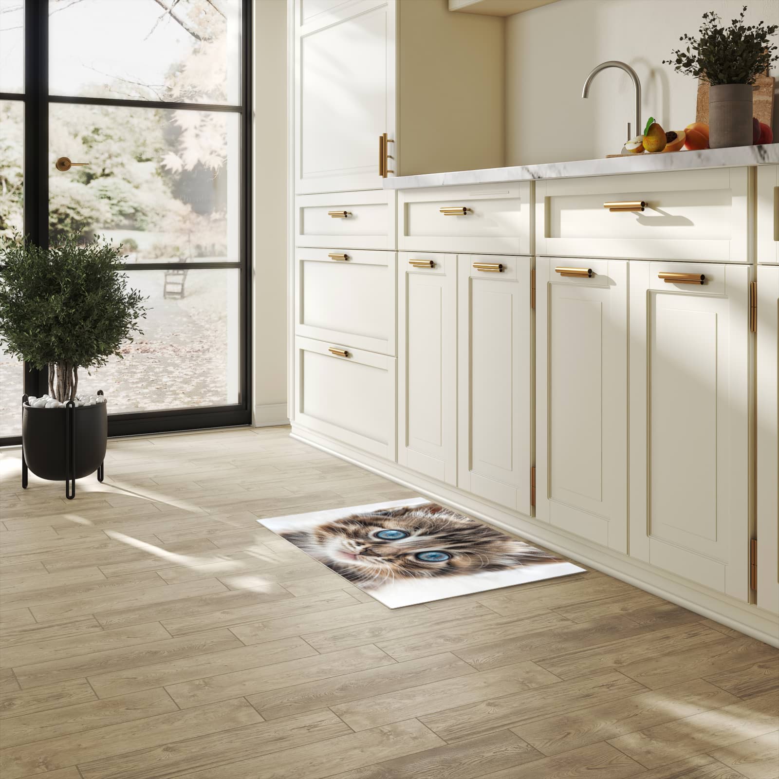 Hygienischer Bodenläufer Teppich mit Motiv Blaue Augen Kätzchen in heller Küche