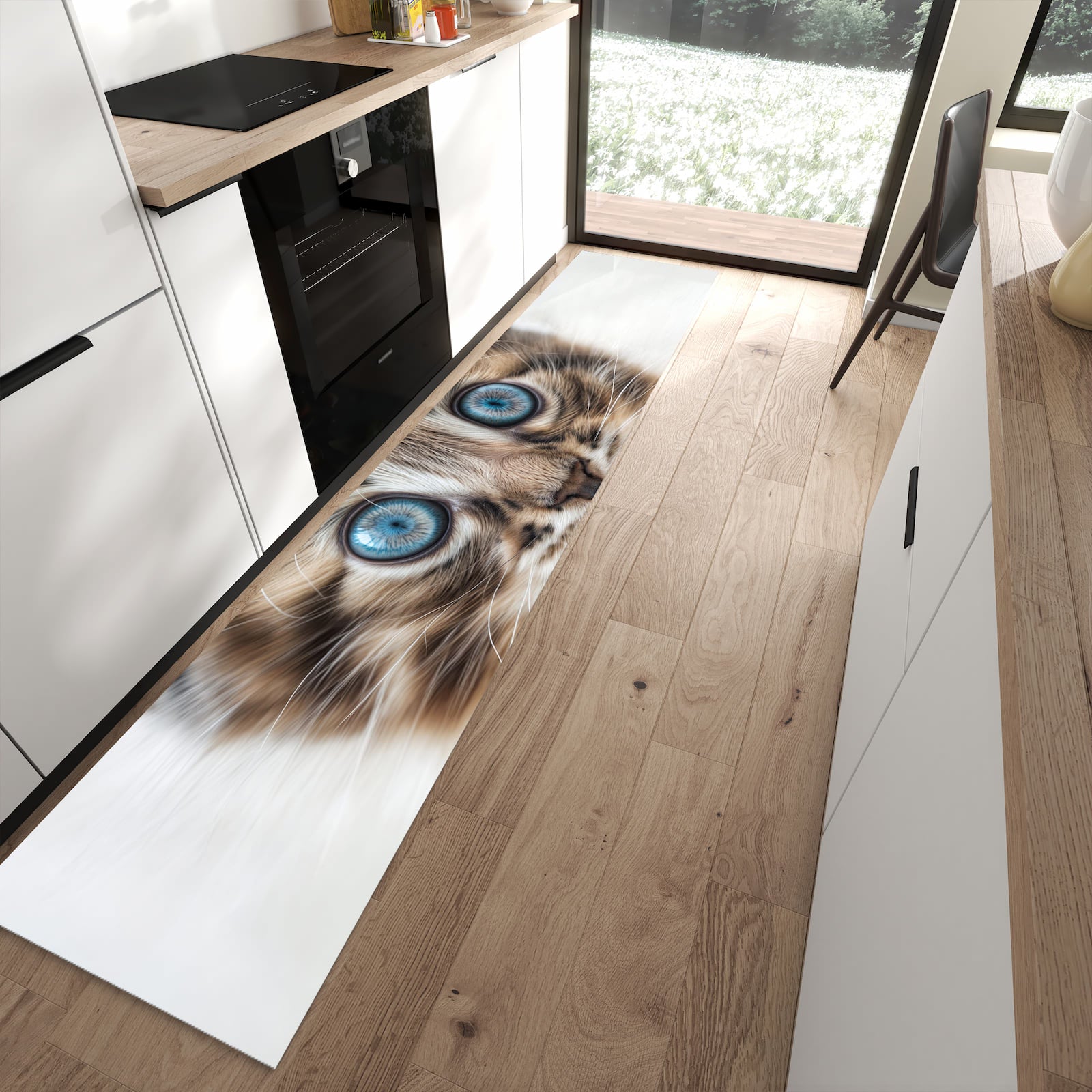 Geruchsneutraler rutschfester Küchenteppich mit Motiv Blaue Augen Kätzchen in moderner Küche