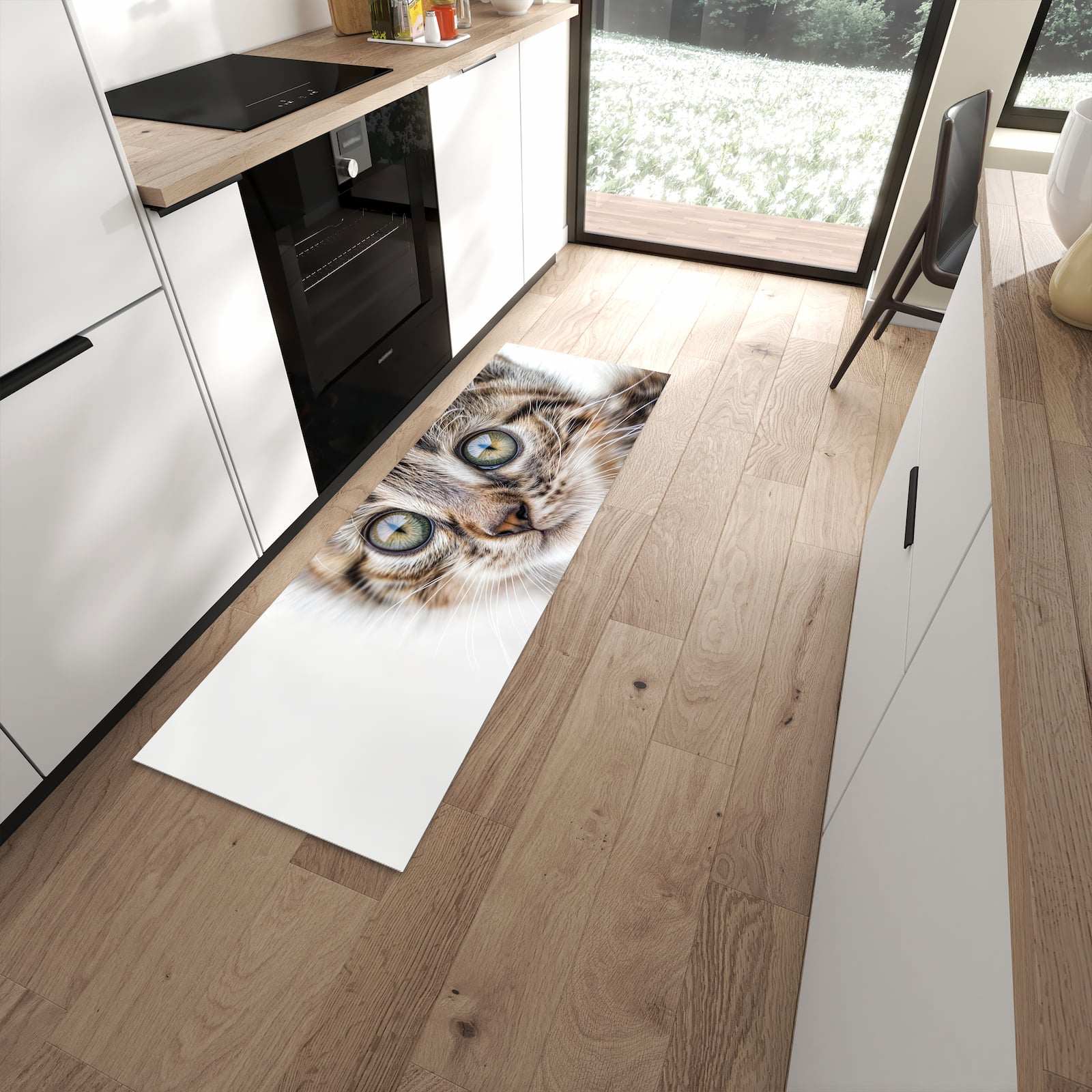 Rutschfester Küchenläufer mit Motiv Katzenjunges trittin in moderner Küche