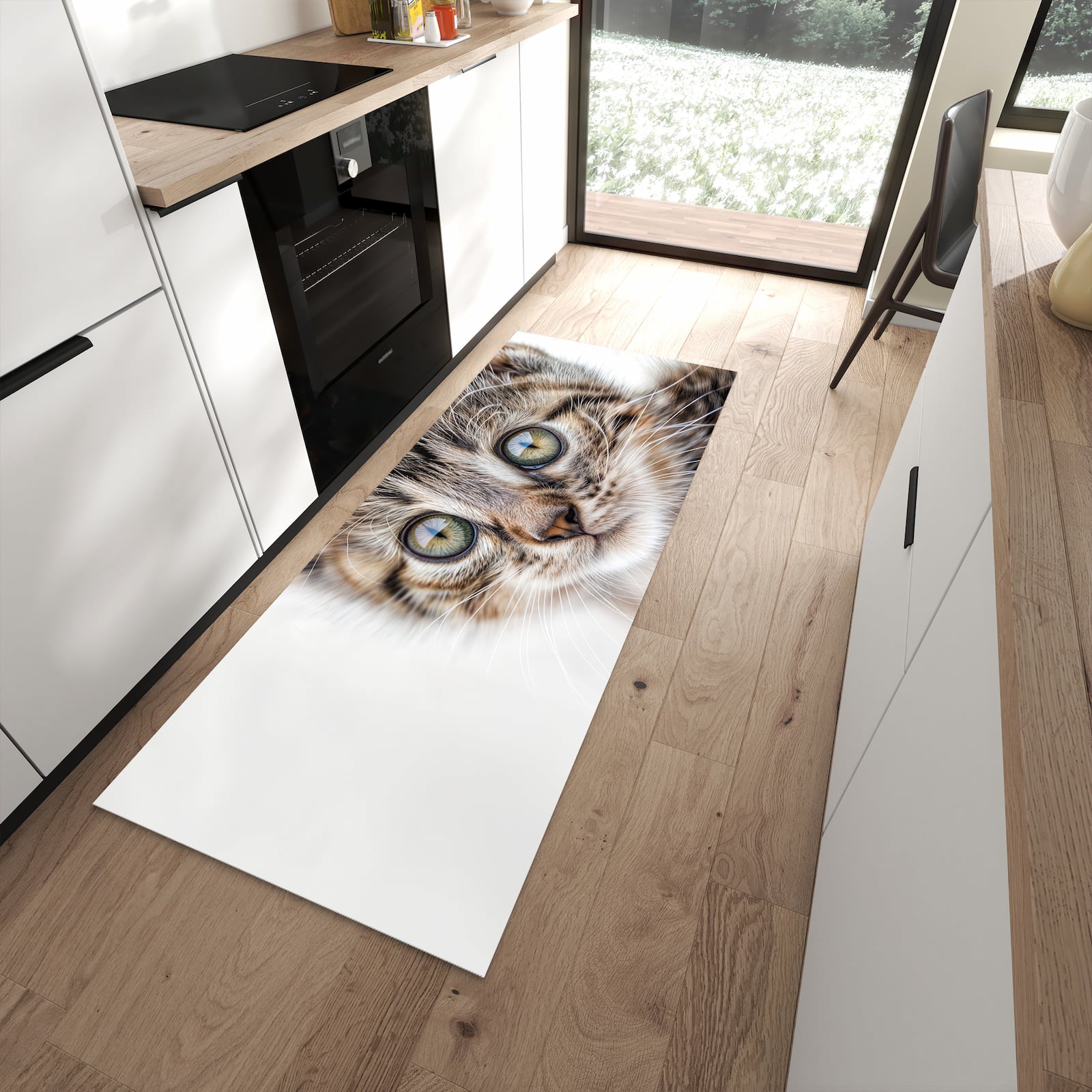 Farbbeständiger Teppichläufer mit Motiv Katzenjunges trittin in moderner Küche