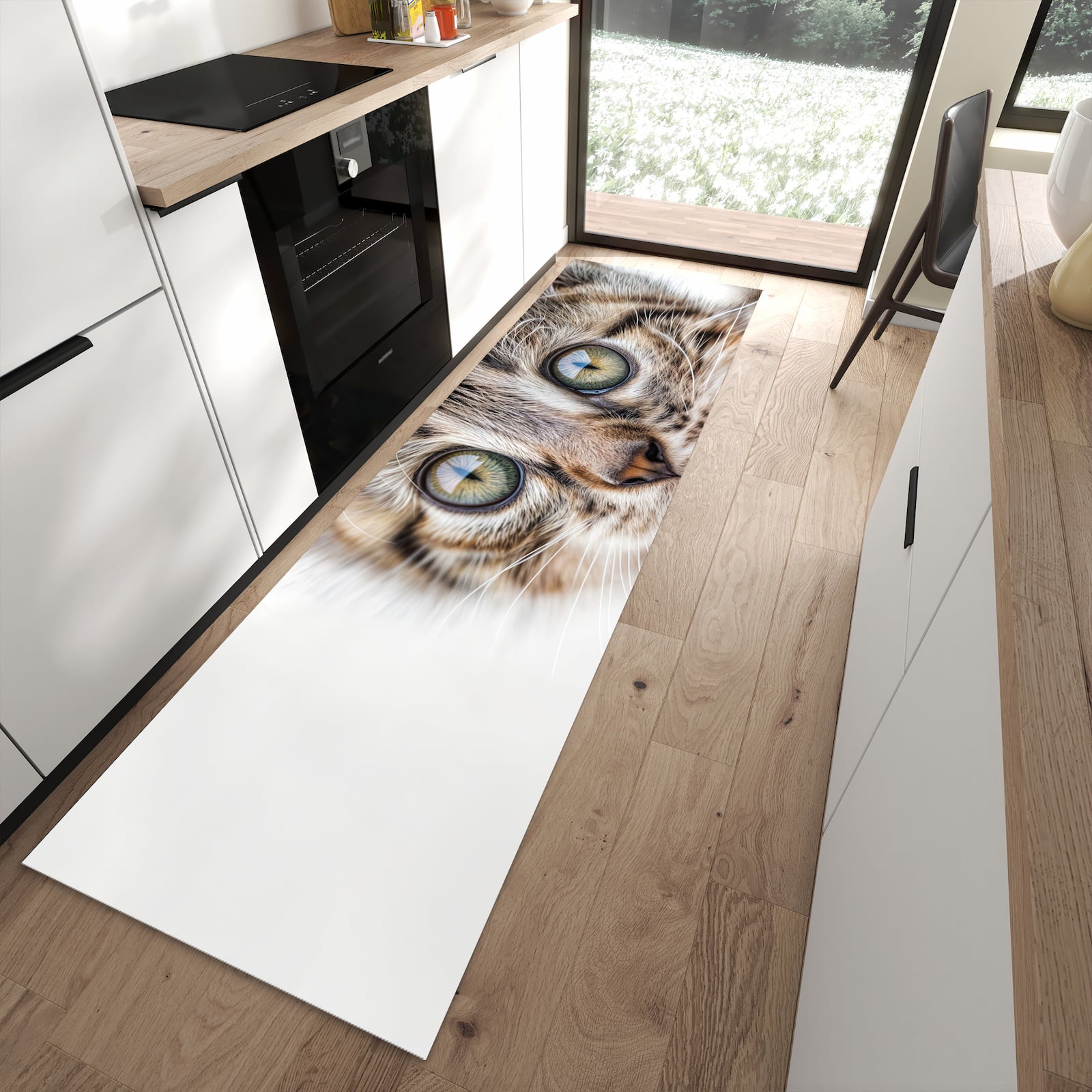 Waschbarer Küchenläufer mit Motiv Katzenjunges trittin in moderner Küche für sichere Aufbewahrung