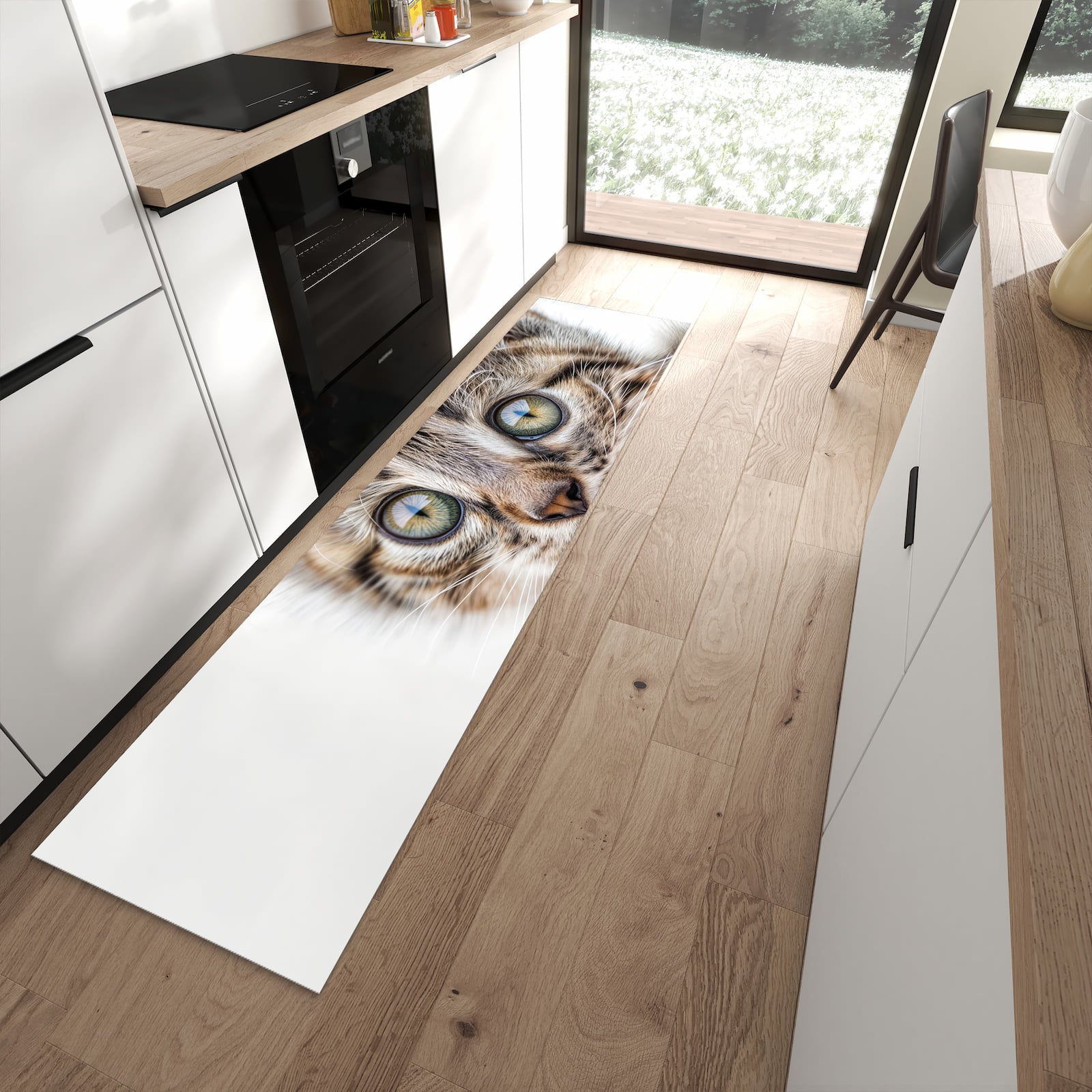 Feuchtigkeitsresistenter Küchenvorleger mit Motiv Katzenjunges trittin in moderner Küche