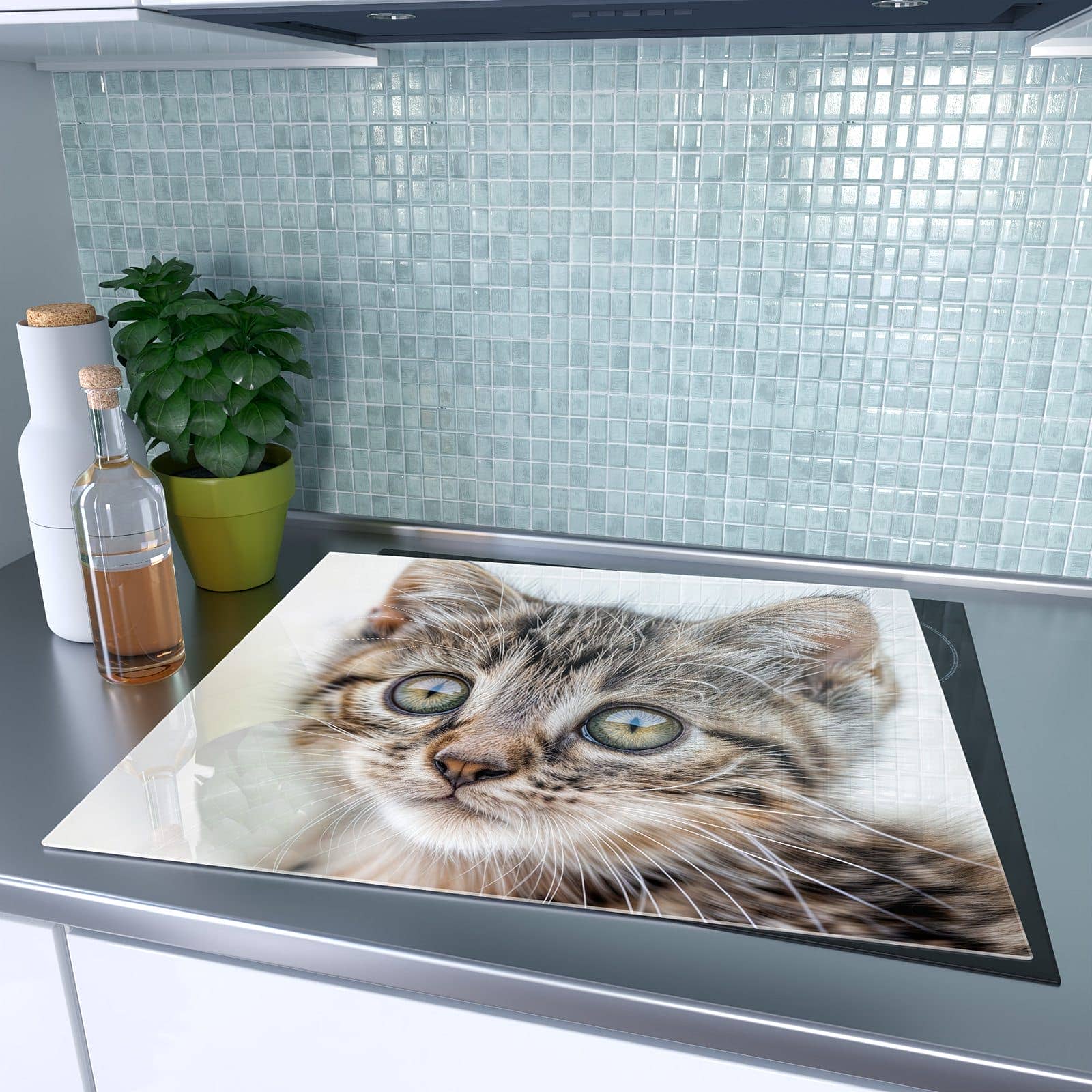 1-teilige Herdabdeckplatten mit Neugieriges Katzenjunges-Motiv auf dem Ceranfeld