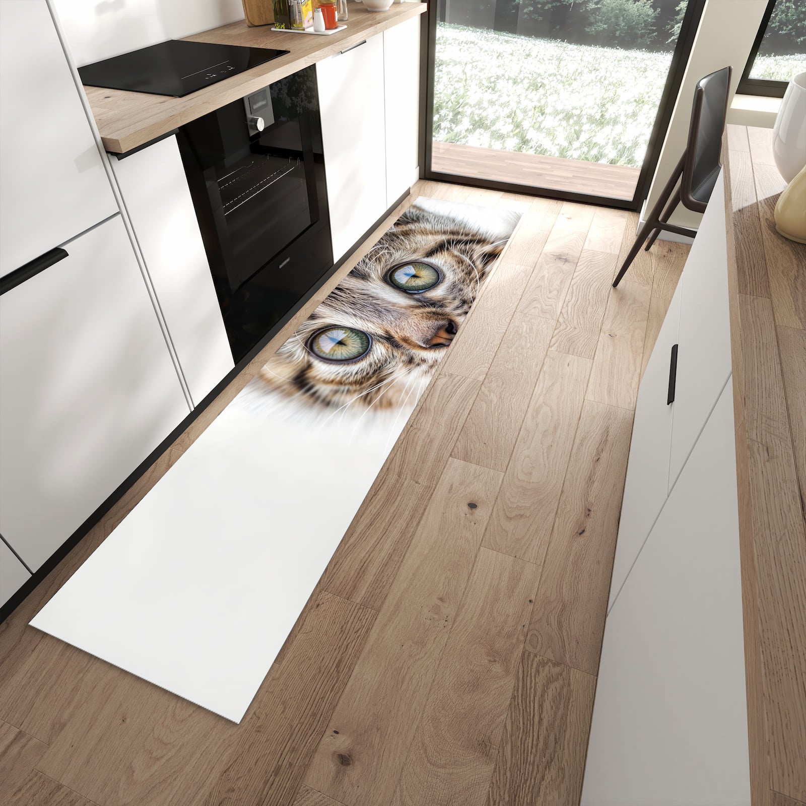 Bodenschonender Küchenteppich mit Motiv Katzenjunges trittin in moderner Küche