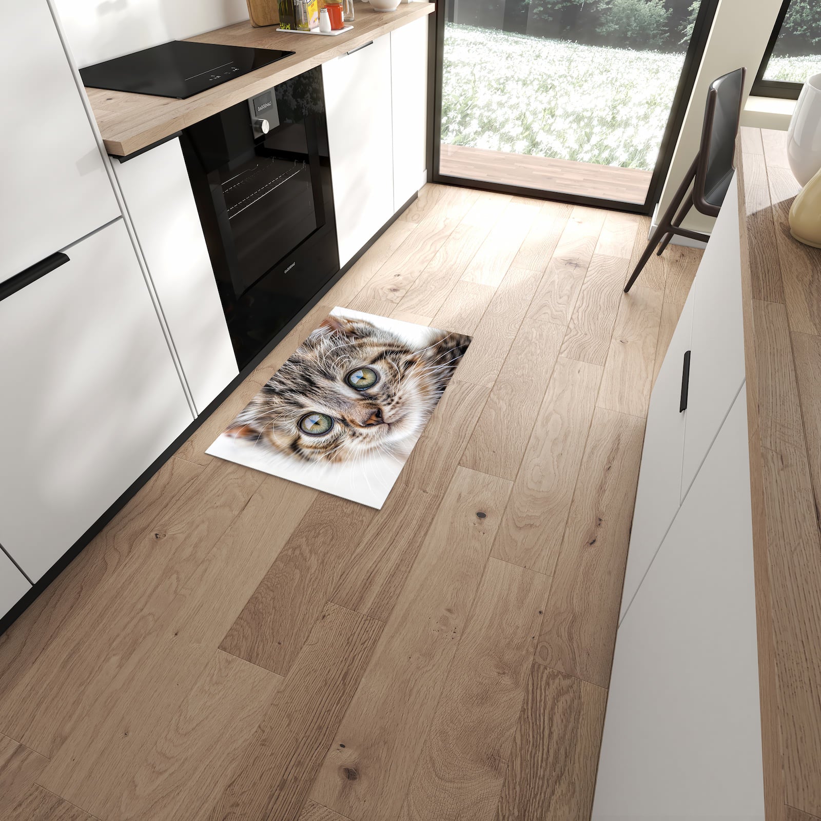 Bodenschonender Küchenläufer mit Motiv Katzenjunges trittin in moderner Küche