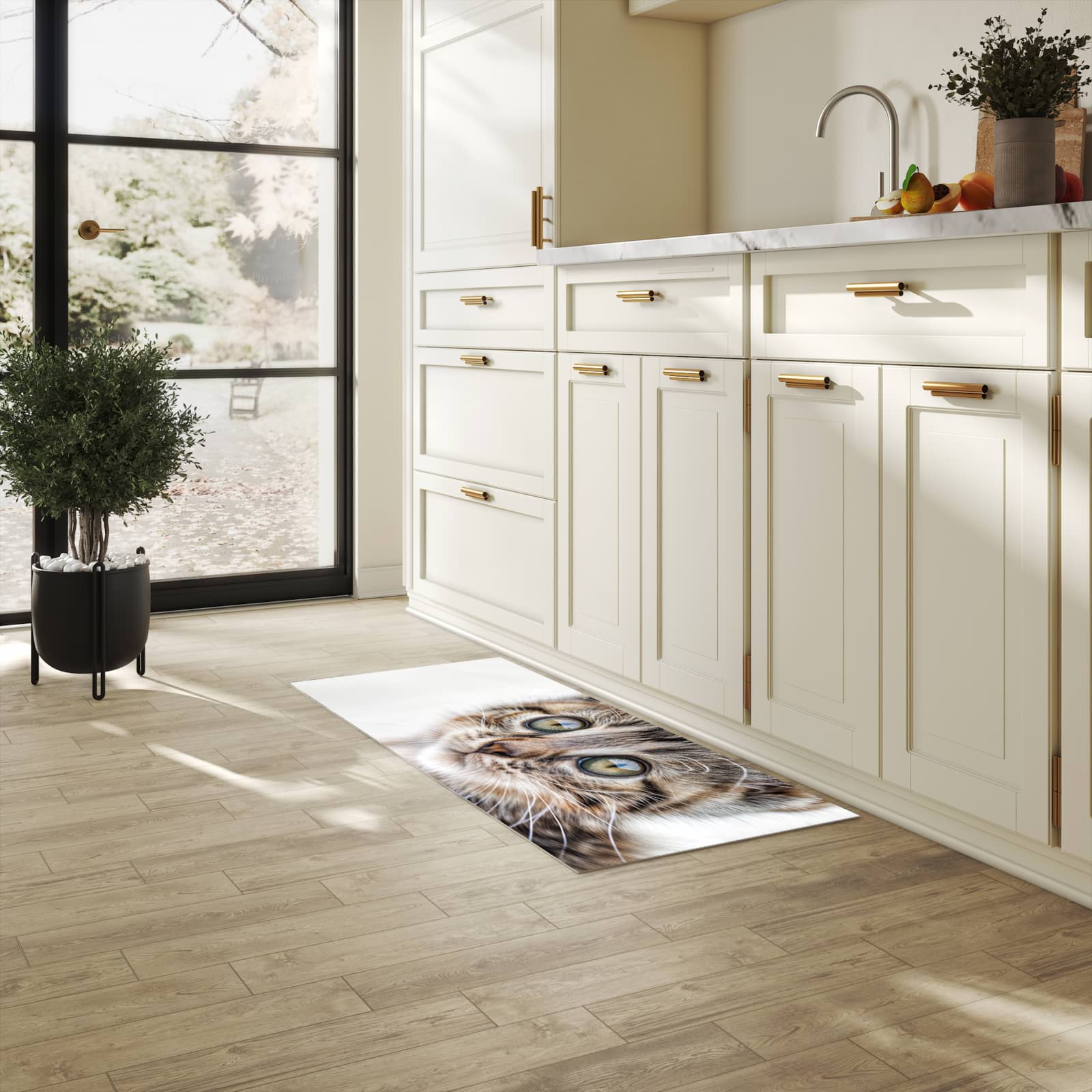 Formstabiler Küchenläufer mit Motiv Katzenjunges trittin in heller Küche