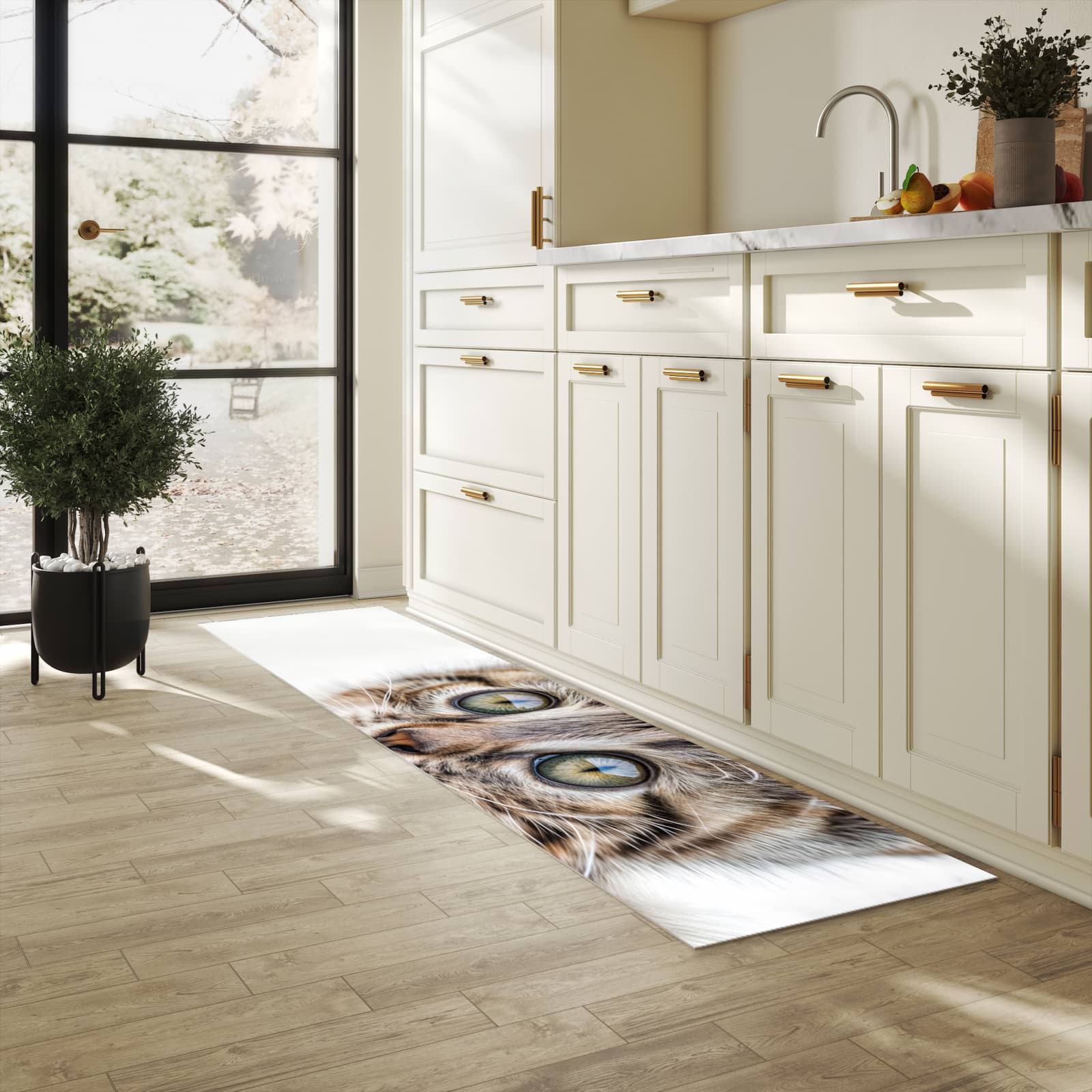 Geräuschdämpfender Küchenläufer mit Motiv Katzenjunges trittin in heller Küche